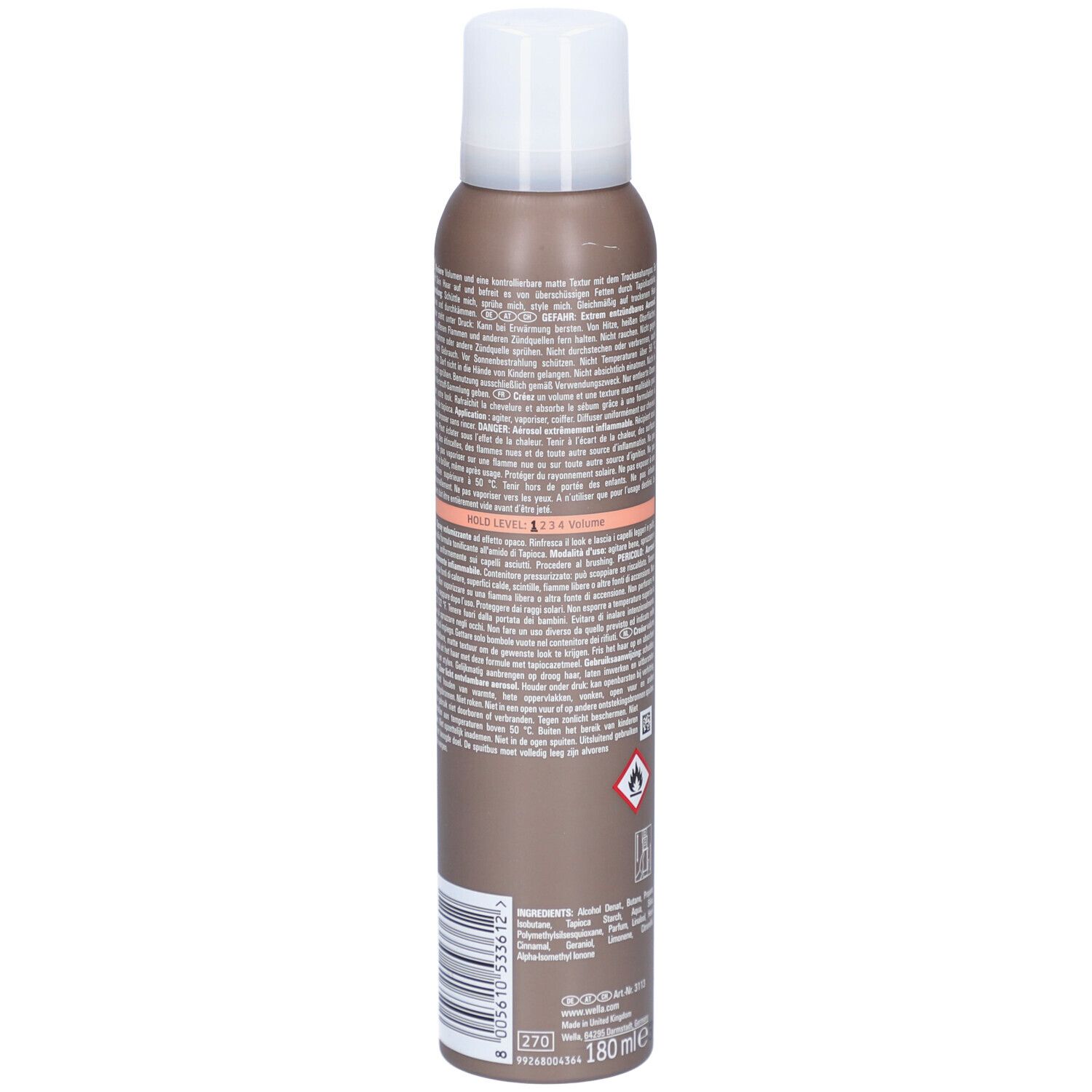 Bruine spuitfles, achterkant met tekst. Opschrift: DRY ME, EIMI. Waarschuwing. 180 ml.