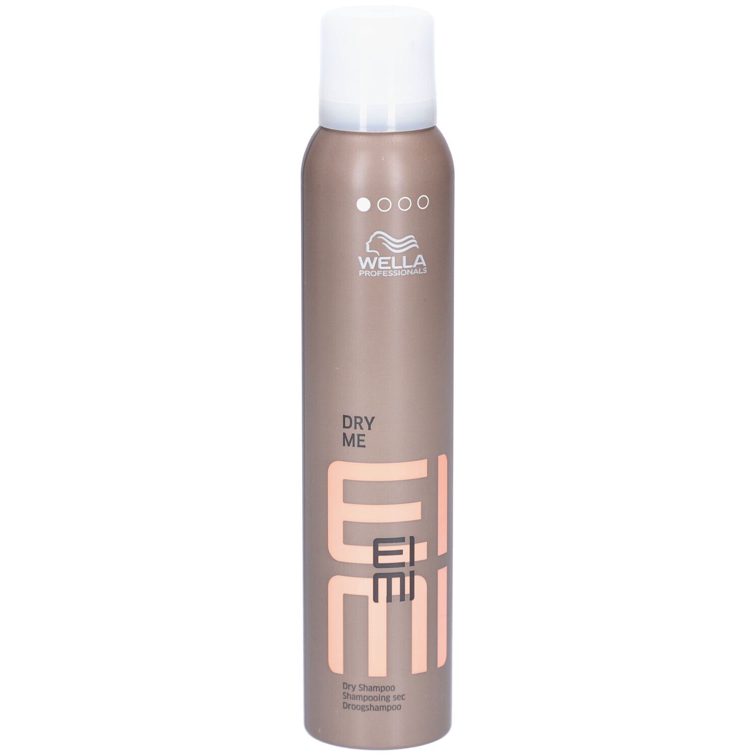 Bruine spuitfles met witte dop. Opschrift: DRY ME, EIMI, Wella Professionals. Droogshampoo.