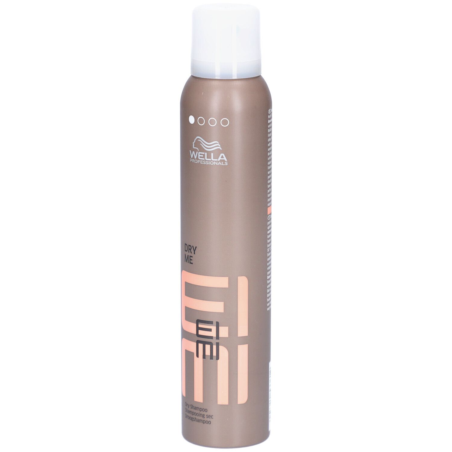 Bruine spuitfles met witte dop. Opschrift: DRY ME, EIMI, Wella Professionals. Droogshampoo.