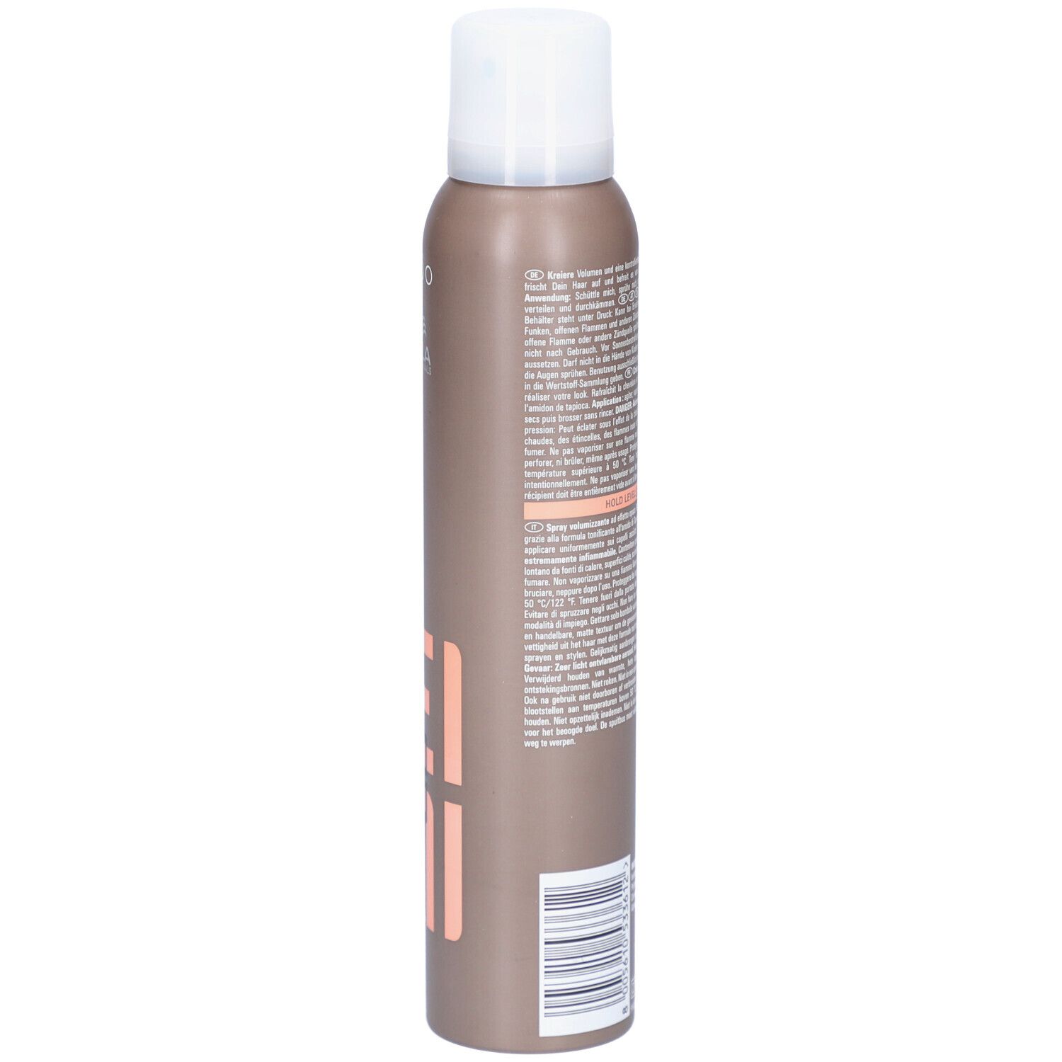 Bruine spuitfles, achterkant met tekst. Opschrift: DRY ME, EIMI. Waarschuwing. 180 ml.
