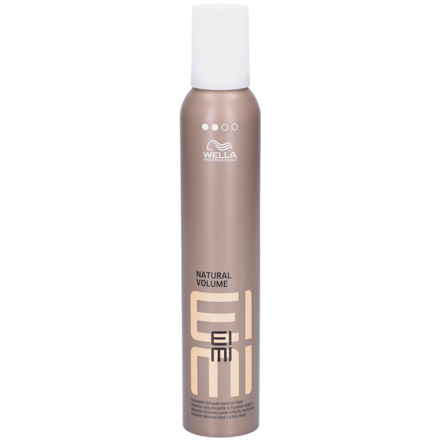 Haarmoussefles. Witte dop, bruine houder met tekst EIMI, NATURAL VOLUME en Wella-logo.
