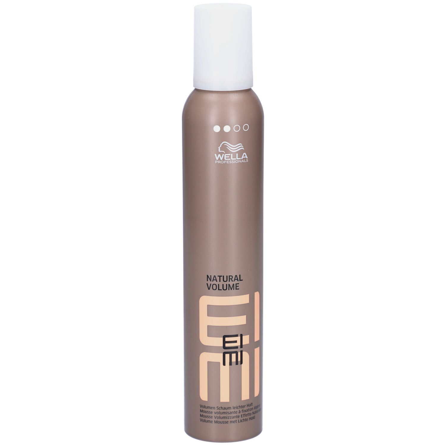 Haarmoussefles. Witte dop, bruine houder met tekst EIMI, NATURAL VOLUME en Wella-logo.