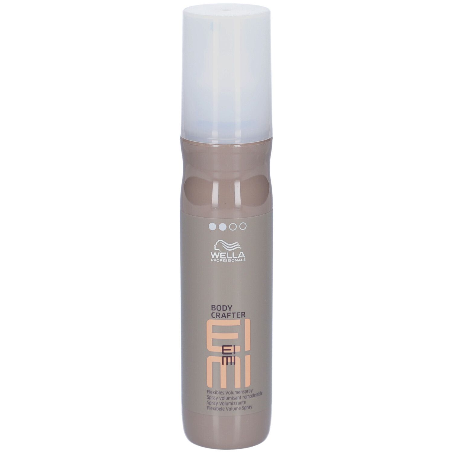 Haarsprayfles met witte dop. Opschrift: Wella EIMI Body Crafter. Beige-bruine fles.