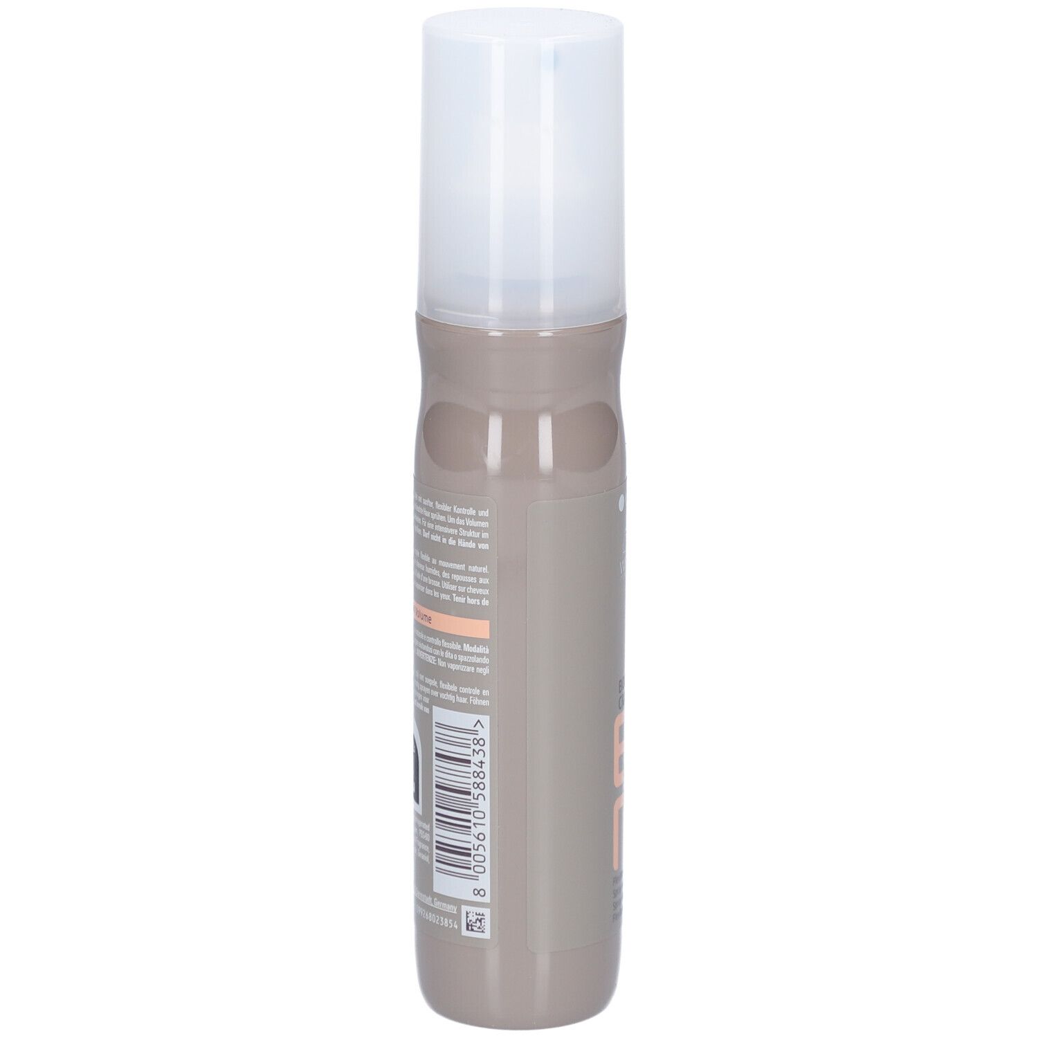 Achterkant van haarsprayfles. Streepjescode en tekst. Beige-bruine fles met witte dop.