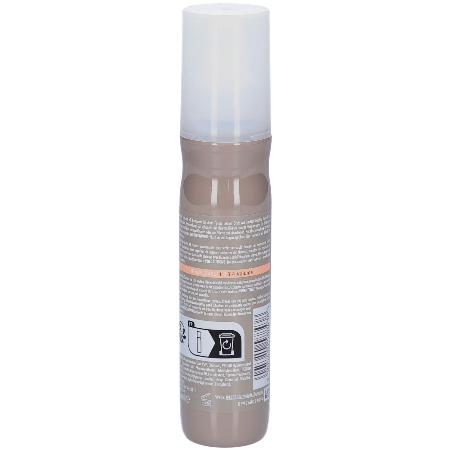 Achterkant van haarsprayfles. Tekst en pictogrammen. Beige-bruine fles met witte dop.