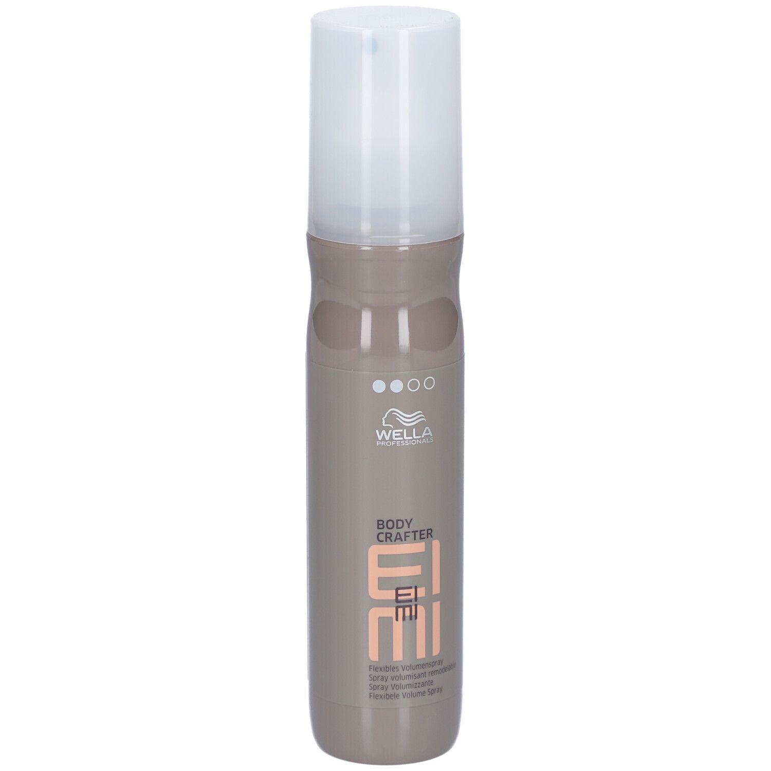 Haarsprayfles met witte dop. Opschrift: Wella EIMI Body Crafter. Beige-bruine fles.