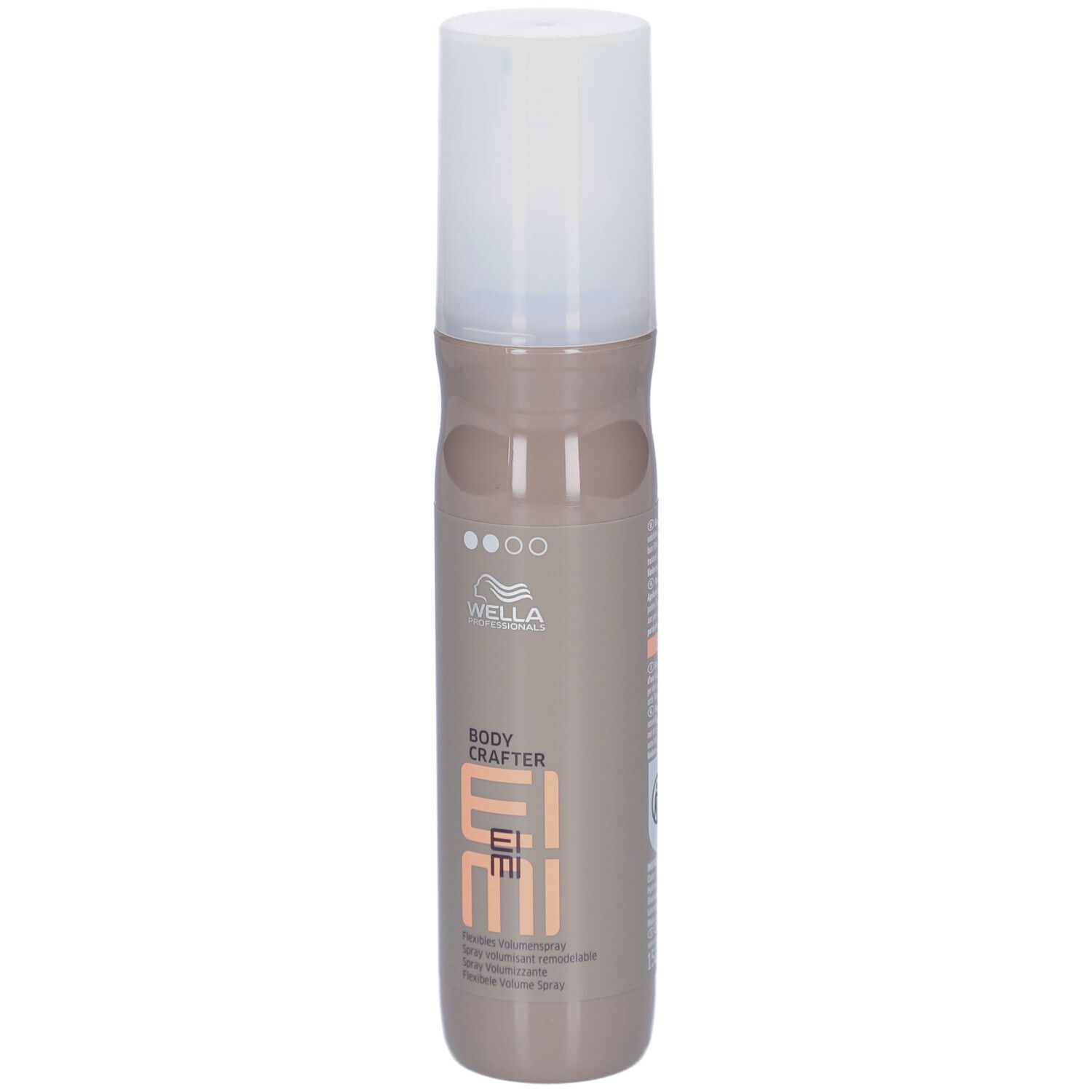 Haarsprayfles met witte dop. Opschrift: Wella EIMI Body Crafter. Beige-bruine fles.