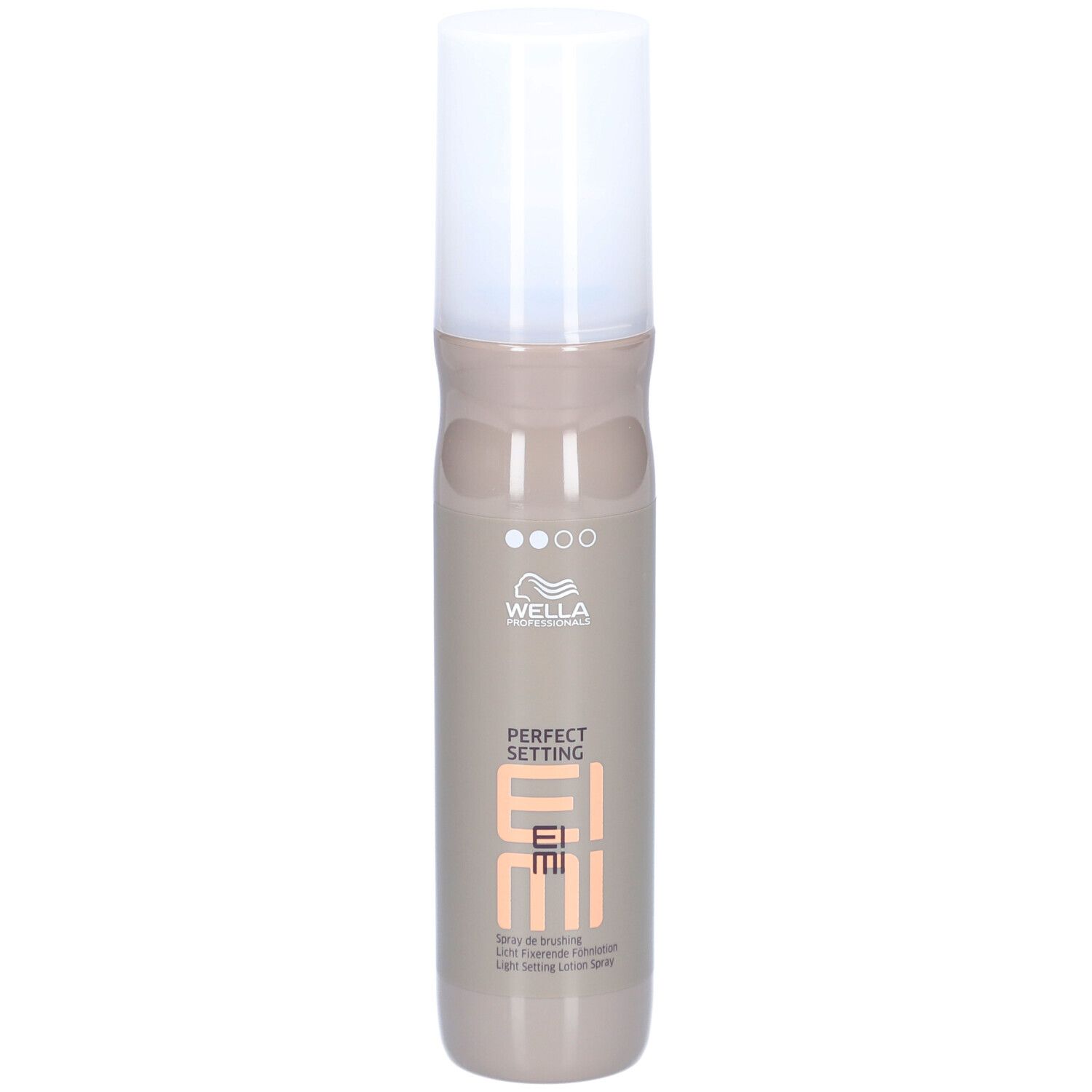 Haarsprayfles. Beige-bruine fles met witte dop. Opschrift: Wella, EIMI, Perfect Setting.