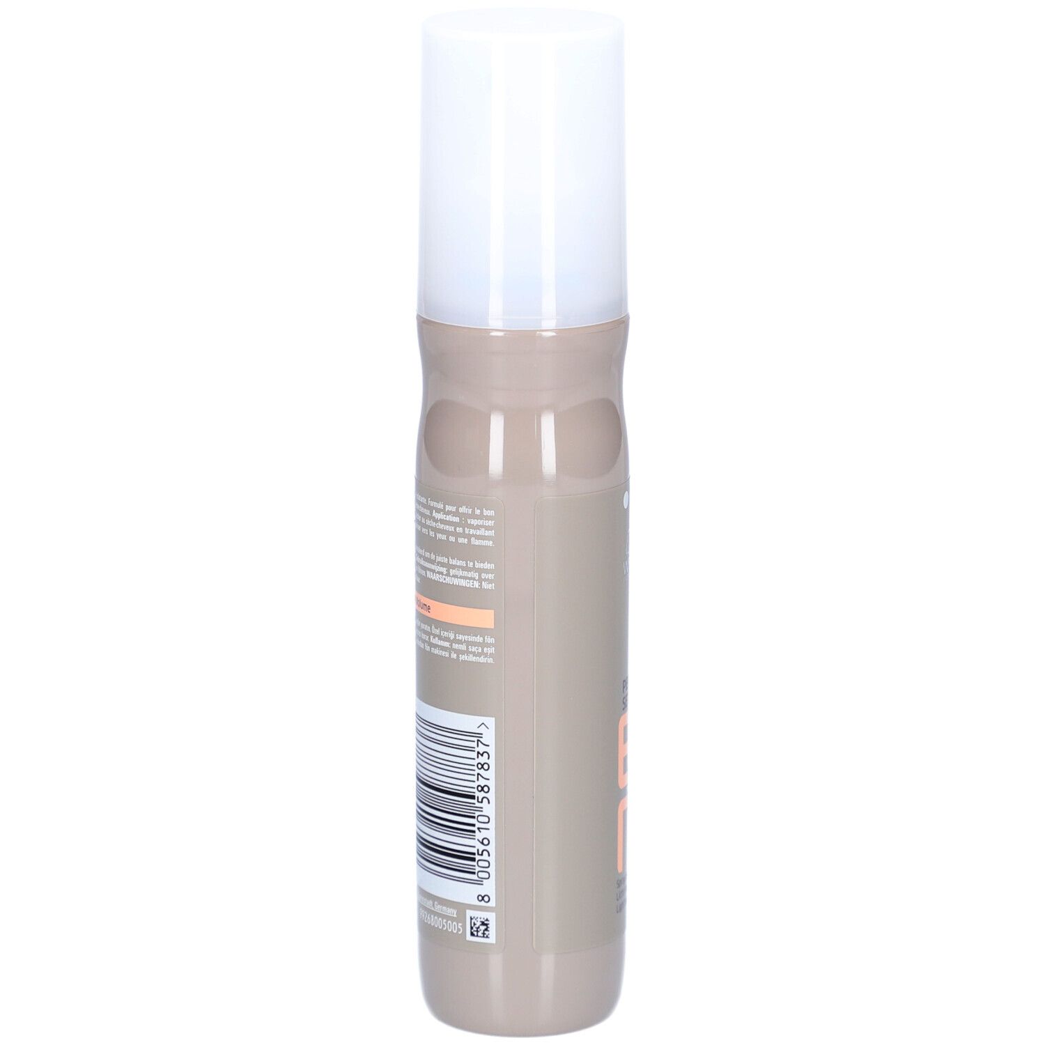 Haarsprayfles. Achterkant met tekst en barcode. Beige-bruine fles met witte dop.