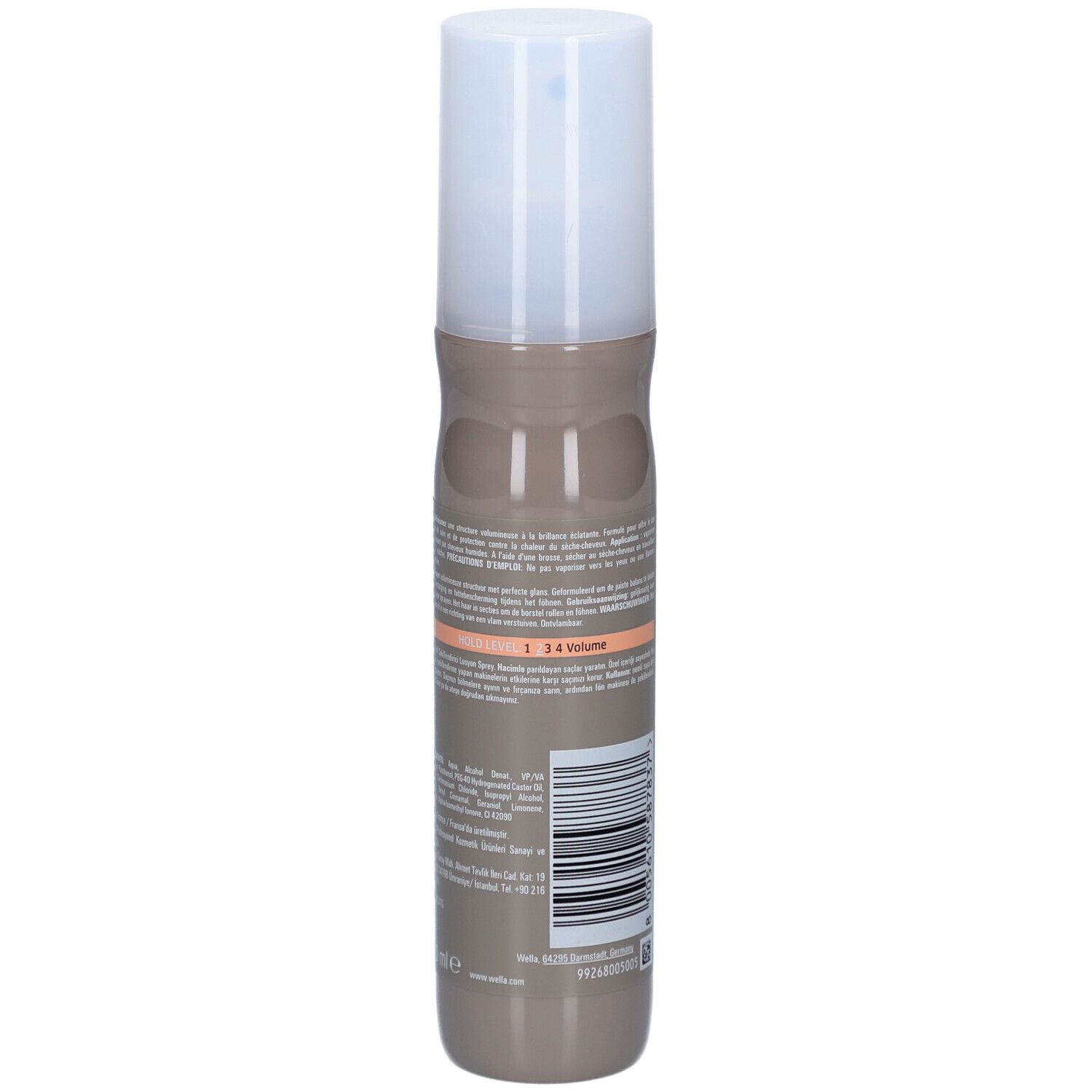 Haarsprayfles. Achterkant met tekst en barcode. Beige-bruine fles met witte dop.
