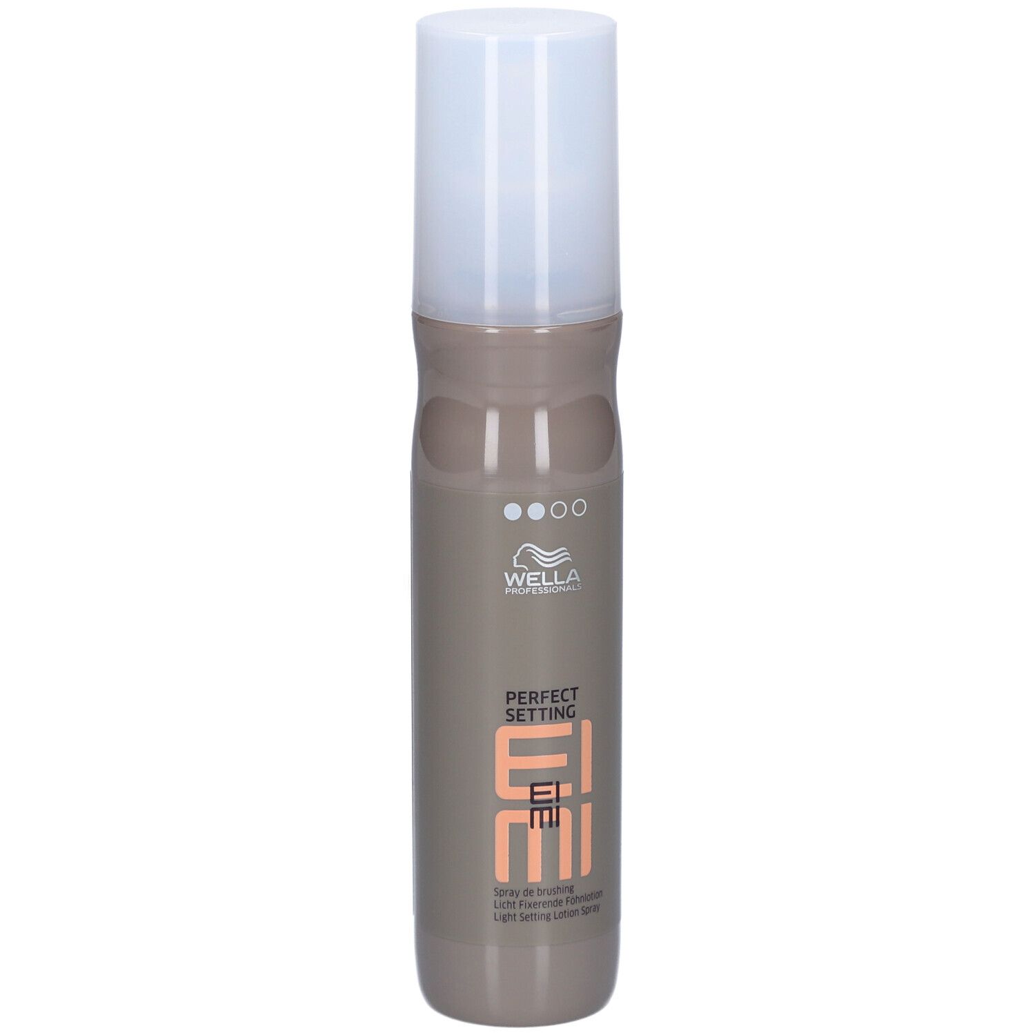 Haarsprayfles. Beige-bruine fles met witte dop. Opschrift: Wella, EIMI, Perfect Setting.