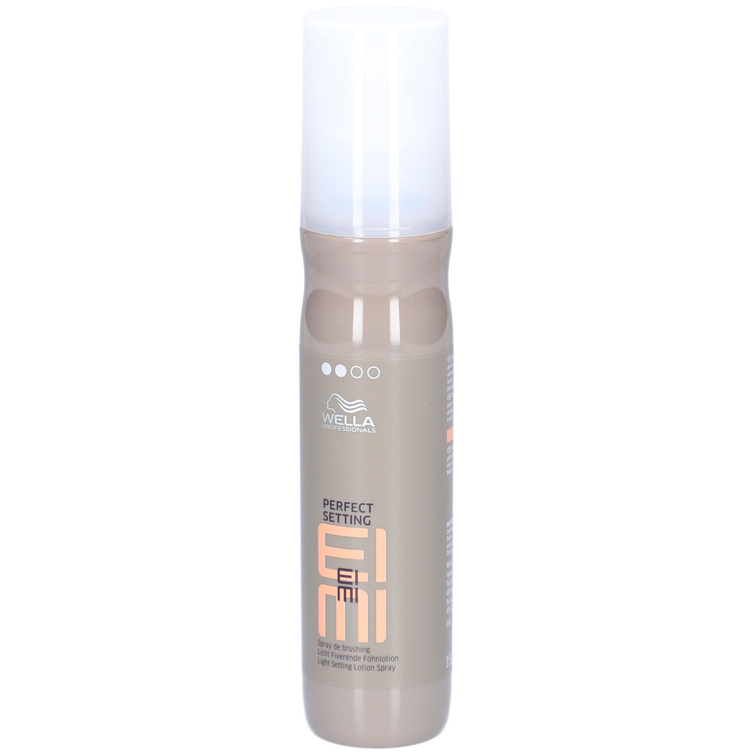 Haarsprayfles. Beige-bruine fles met witte dop. Opschrift: Wella, EIMI, Perfect Setting.
