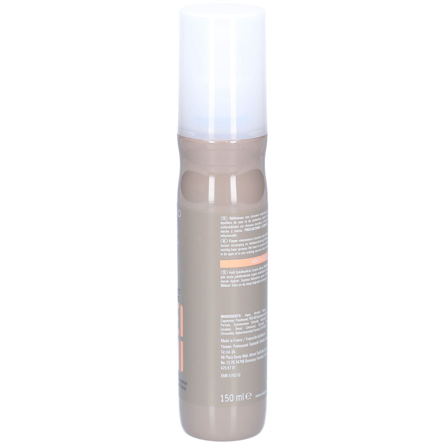 Haarsprayfles. Achterkant met tekst, barcode en 150 ml. Beige-bruine fles met witte dop.