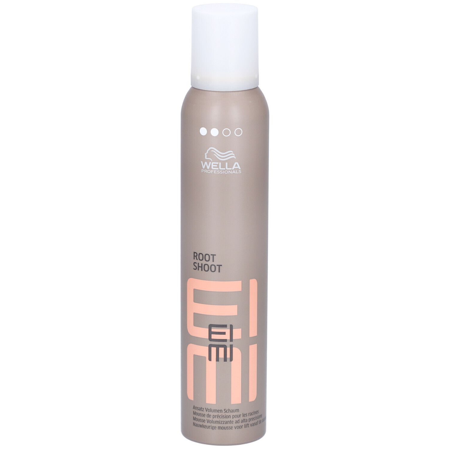 Flacon de mousse coiffante. Marque Wella EIMI. Flacon beige-brun avec bouchon blanc. Nom du produit et logo visibles.