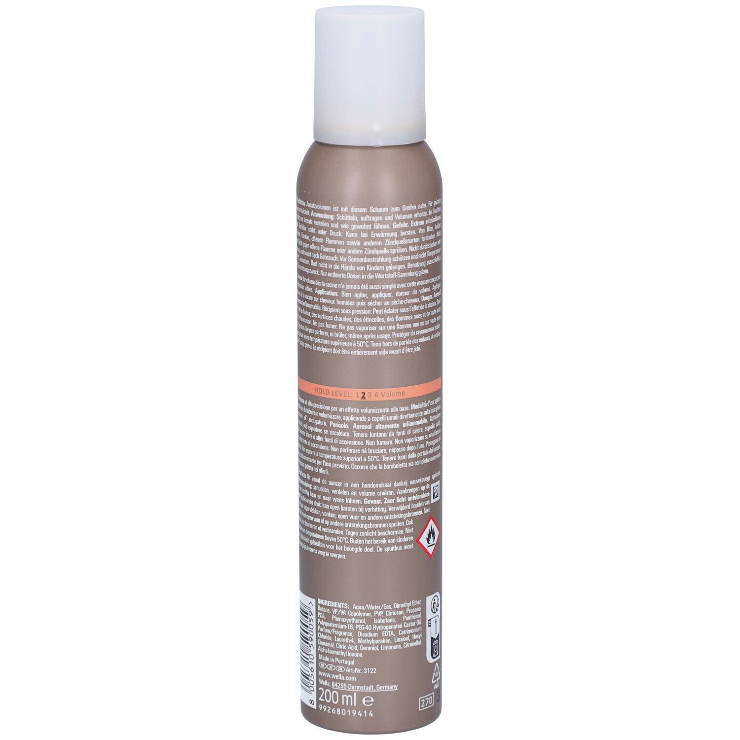 Flacon de mousse coiffante, vue arrière. Flacon beige-brun avec bouchon blanc. Texte au dos, indication de volume 200 ml.