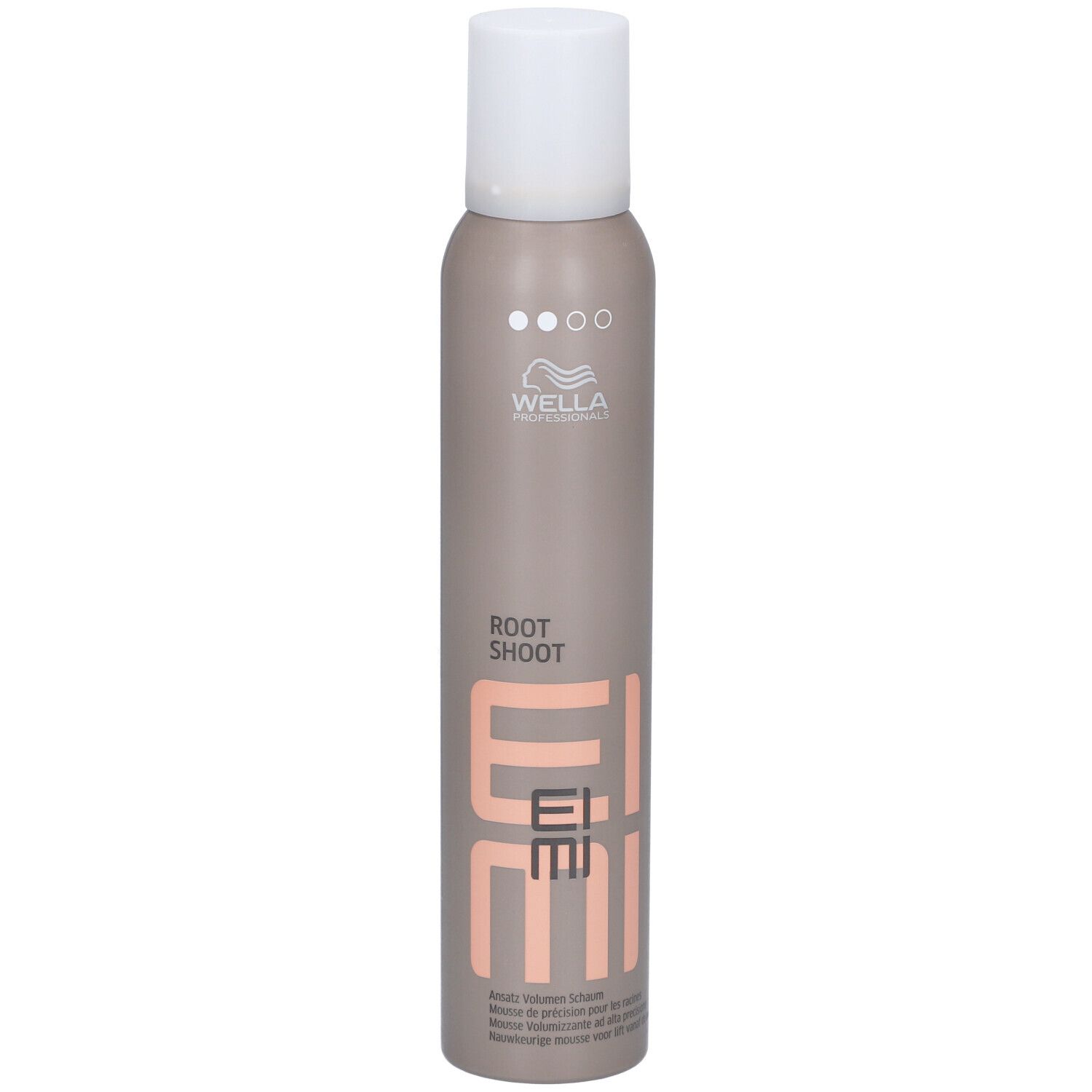 Flacon de mousse coiffante. Marque Wella EIMI. Flacon beige-brun avec bouchon blanc. Nom du produit et logo visibles.