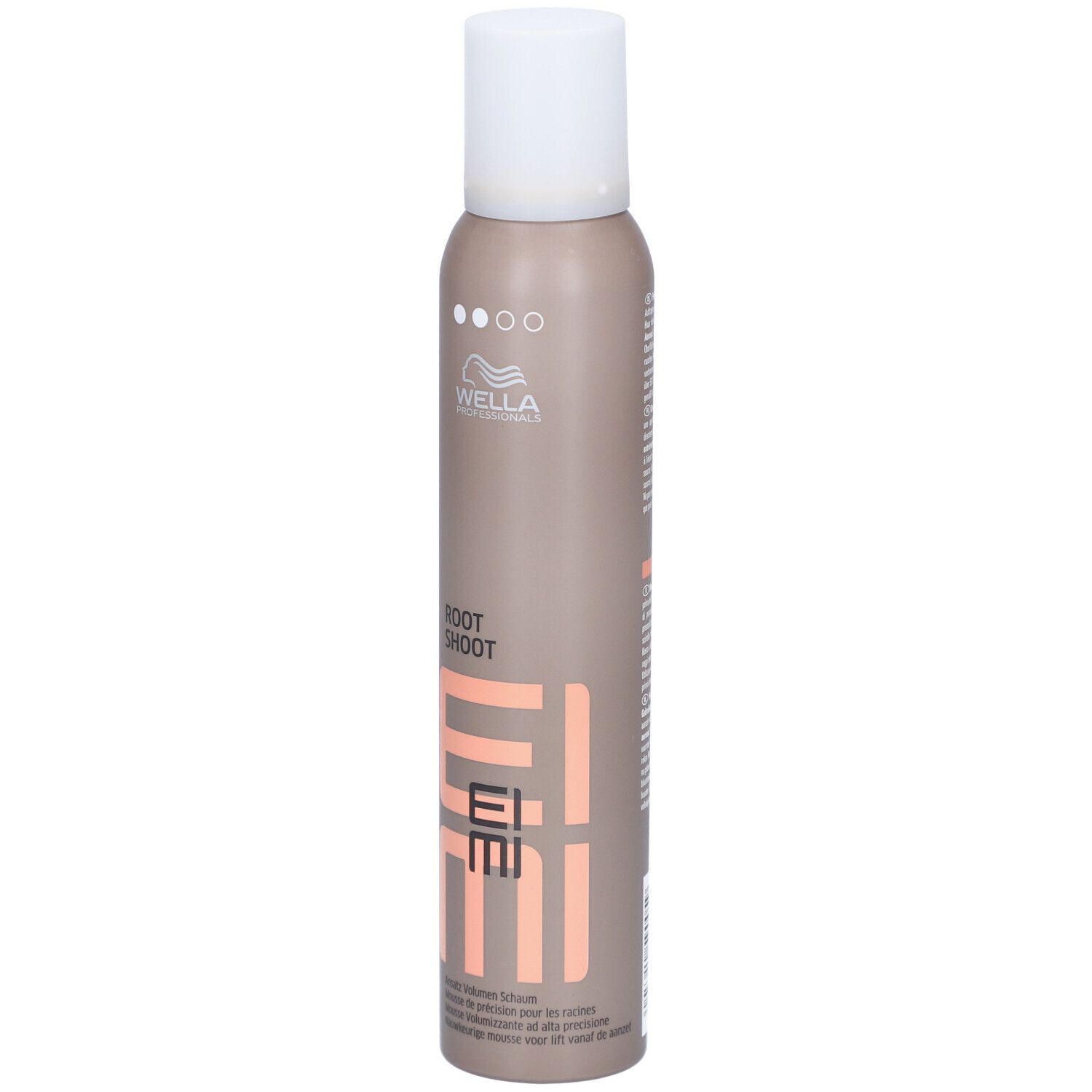 Flacon de mousse coiffante. Marque Wella EIMI. Flacon beige-brun avec bouchon blanc. Nom du produit et logo visibles.