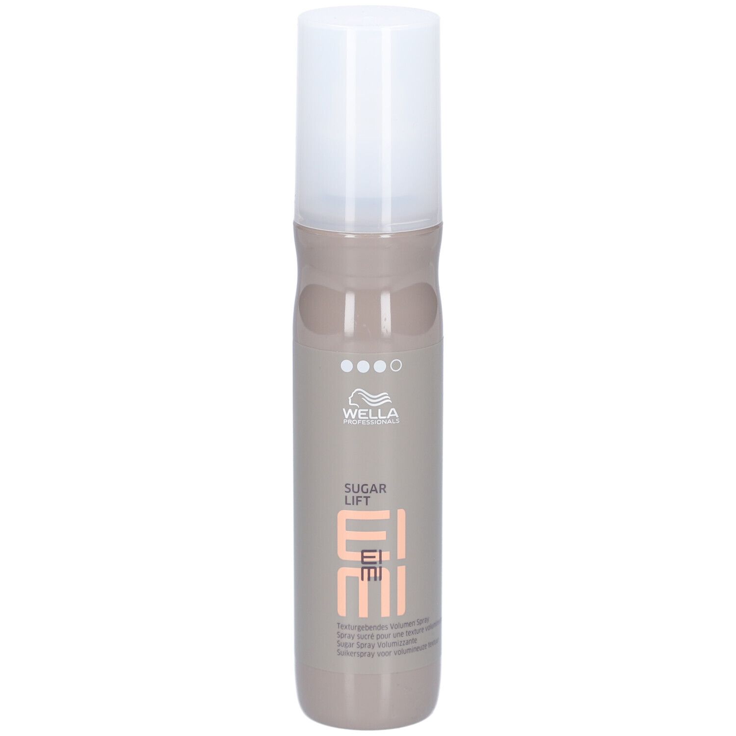 Haarsprayfles met witte dop. Opschrift: Wella EIMI Sugar Lift.