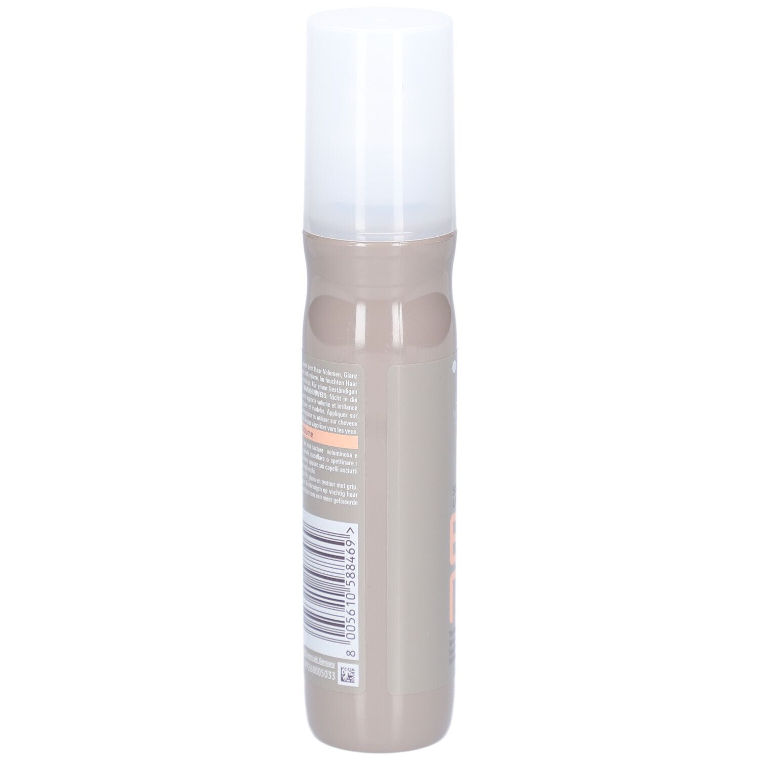 Achterkant haarsprayfles. Barcode en tekst. Opschrift: Wella EIMI Sugar Lift.