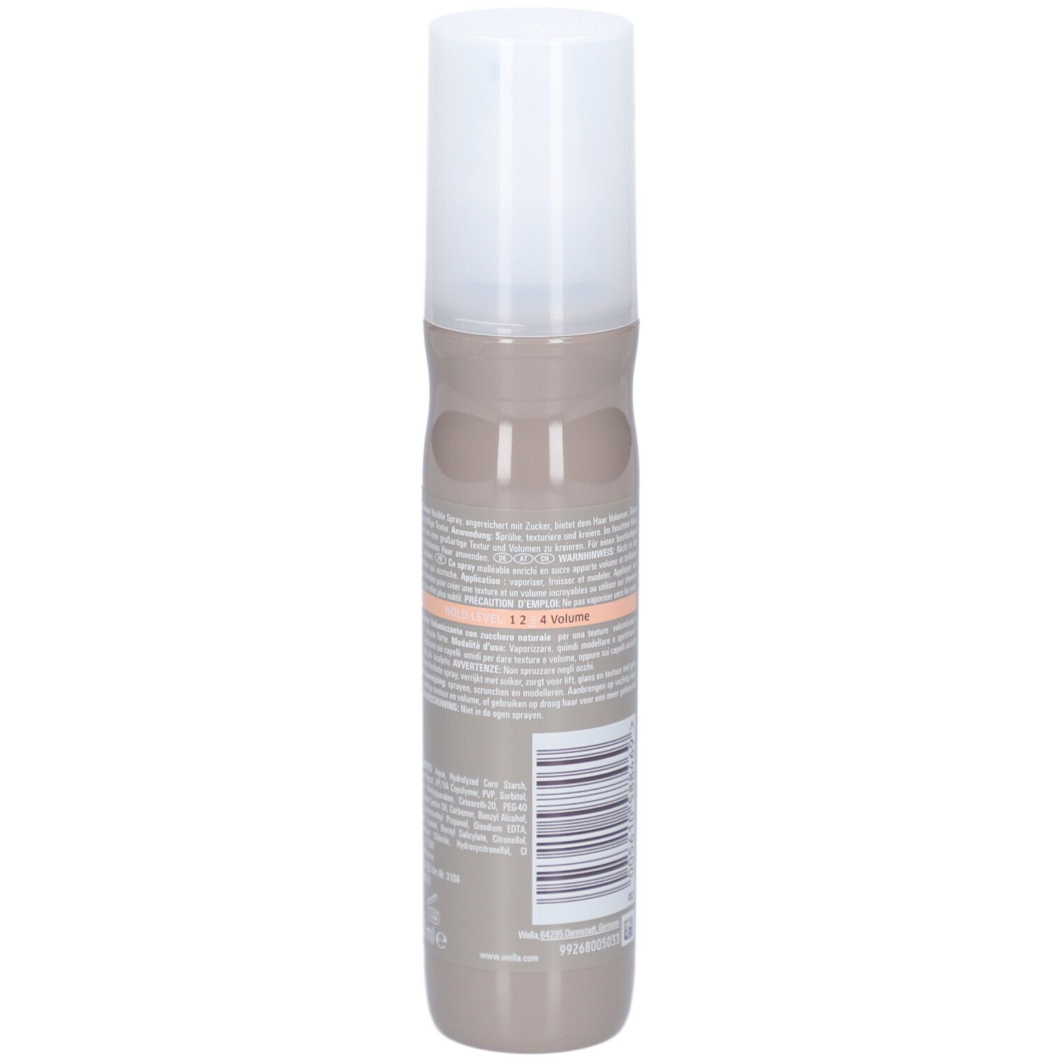 Achterkant haarsprayfles. Tekst en barcode. Opschrift: Wella EIMI Sugar Lift.