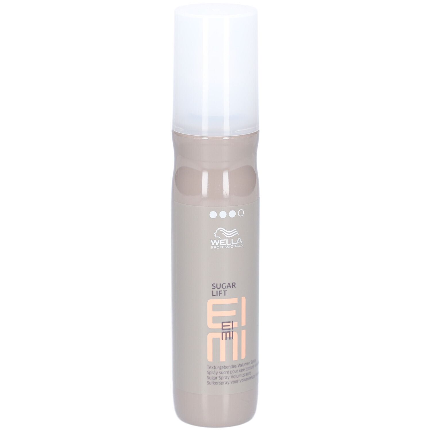 Haarsprayfles met witte dop. Opschrift: Wella EIMI Sugar Lift.