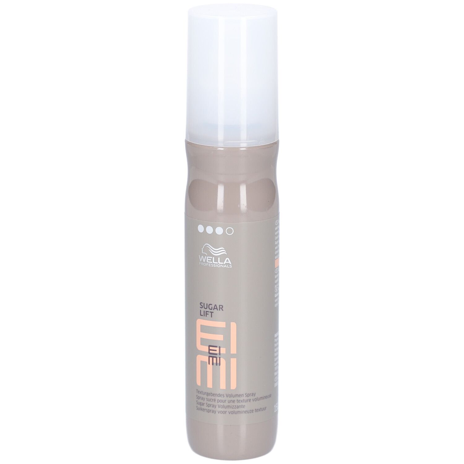 Haarsprayfles met witte dop. Opschrift: Wella EIMI Sugar Lift.
