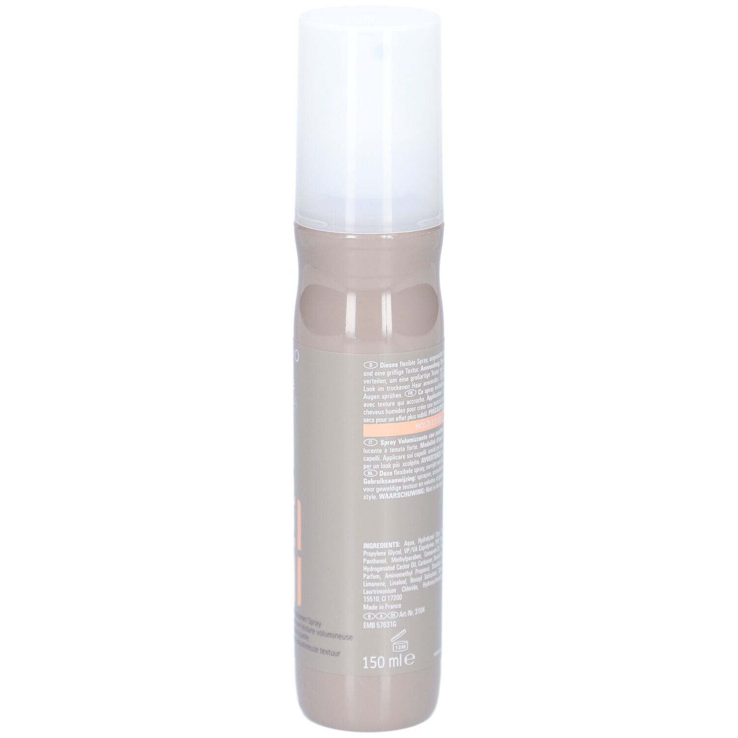 Achterkant haarsprayfles. Tekst en barcode. Opschrift: Wella EIMI Sugar Lift, 150 ml.