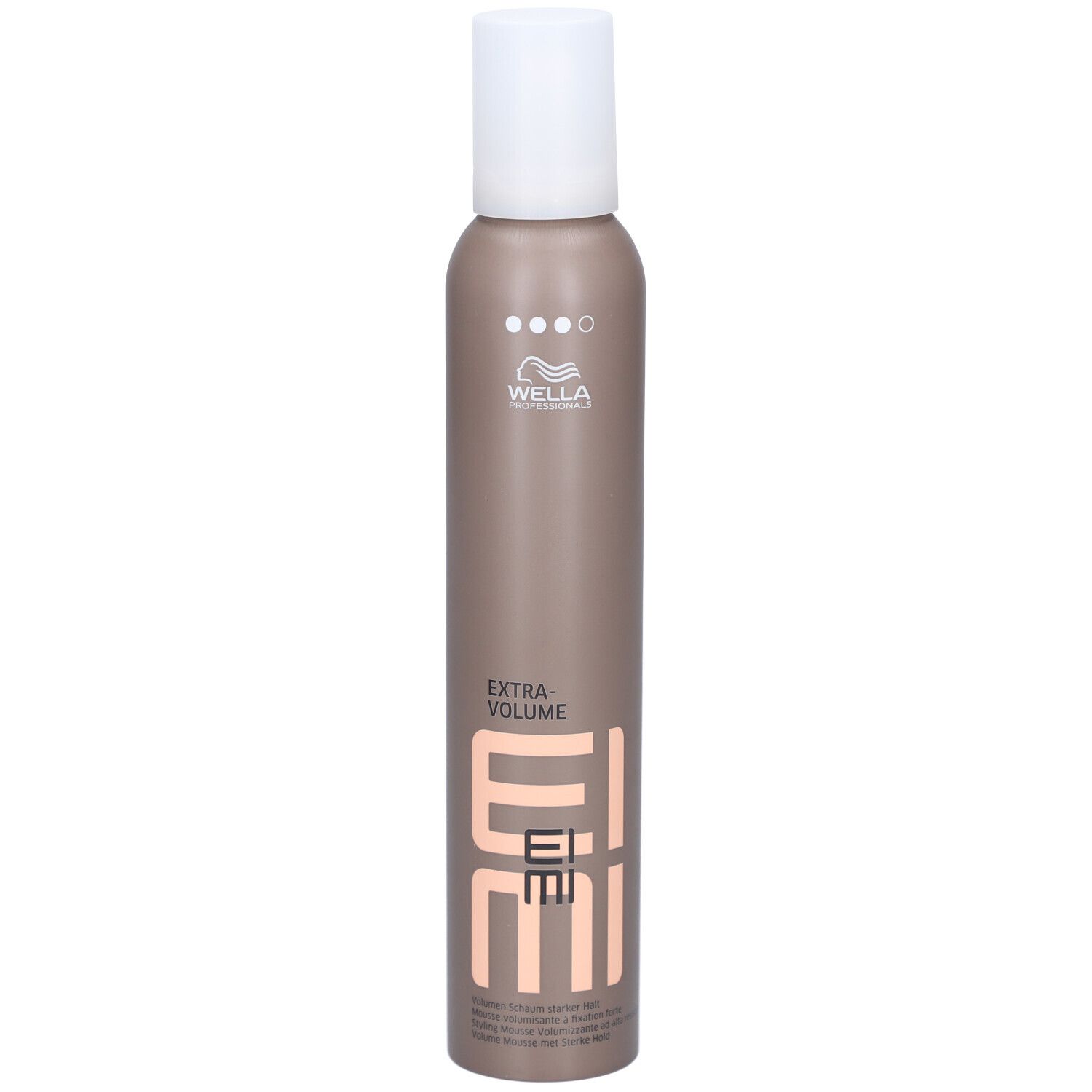 Flacon de mousse coiffante. Bouchon blanc, flacon marron avec inscription EIMI, Extra Volume. Logo Wella.