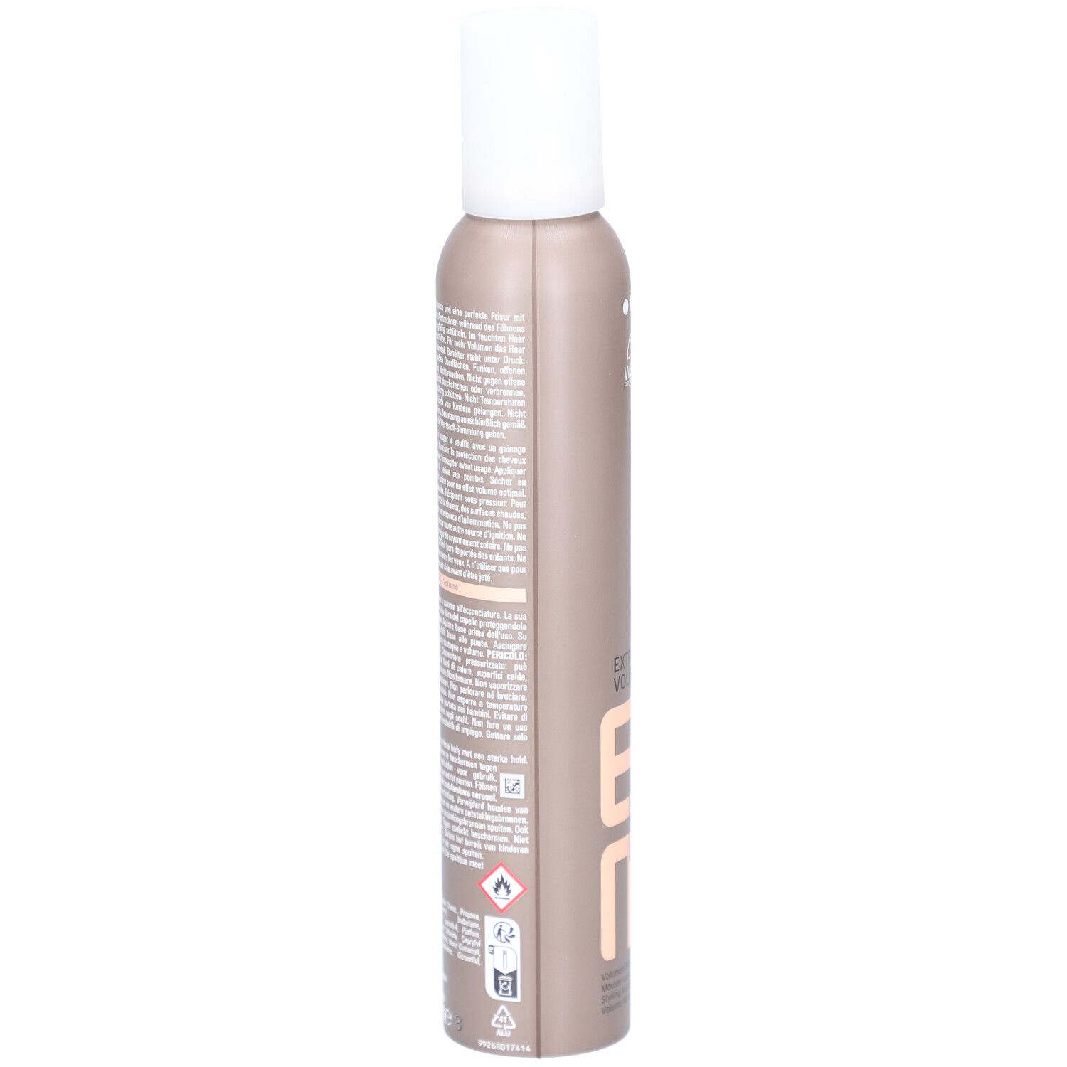 Flacon de mousse coiffante. Flacon marron avec texte. Avertissements et pictogrammes. Bouchon blanc.