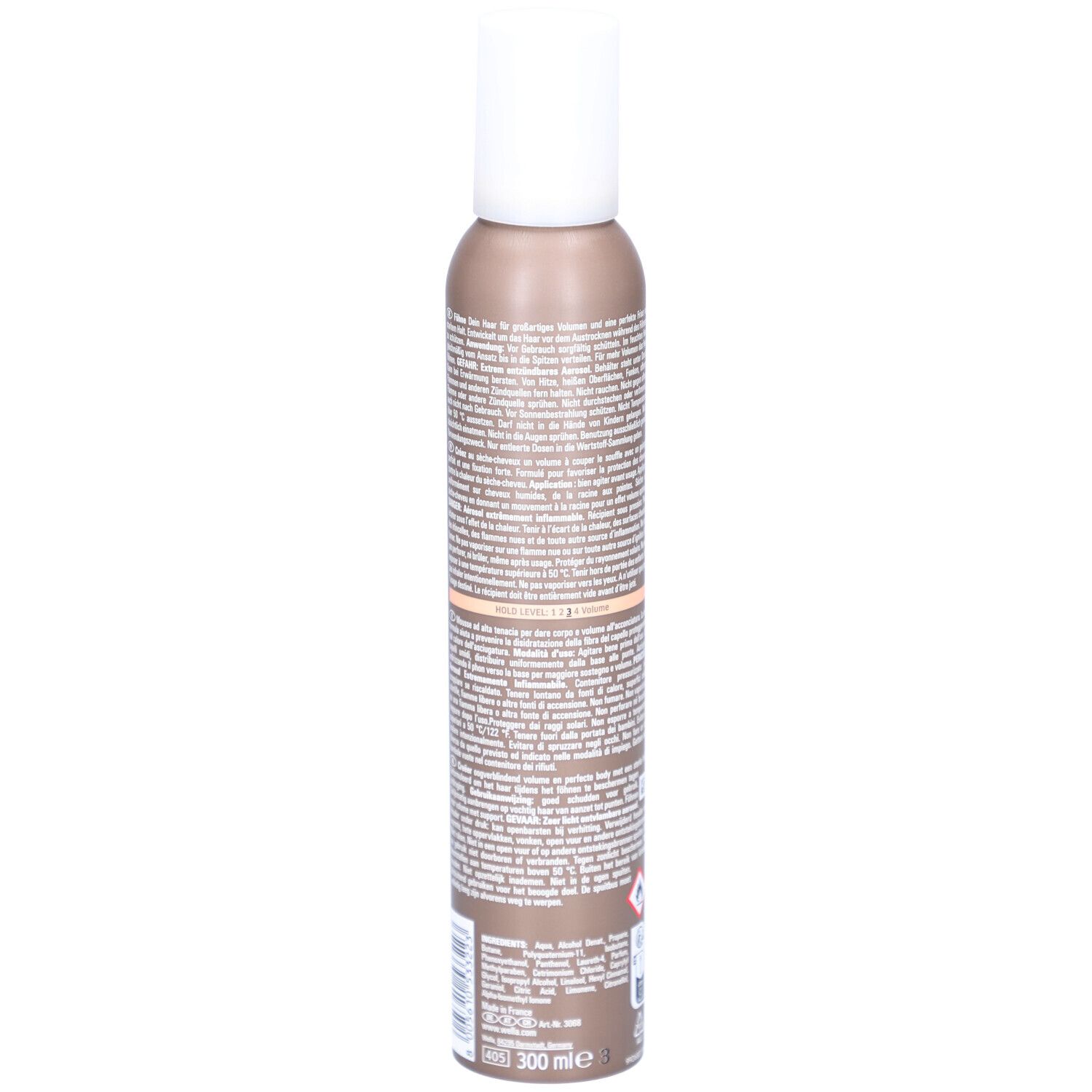Flacon de mousse coiffante. Flacon marron avec texte. Avertissements et pictogrammes. Bouchon blanc.