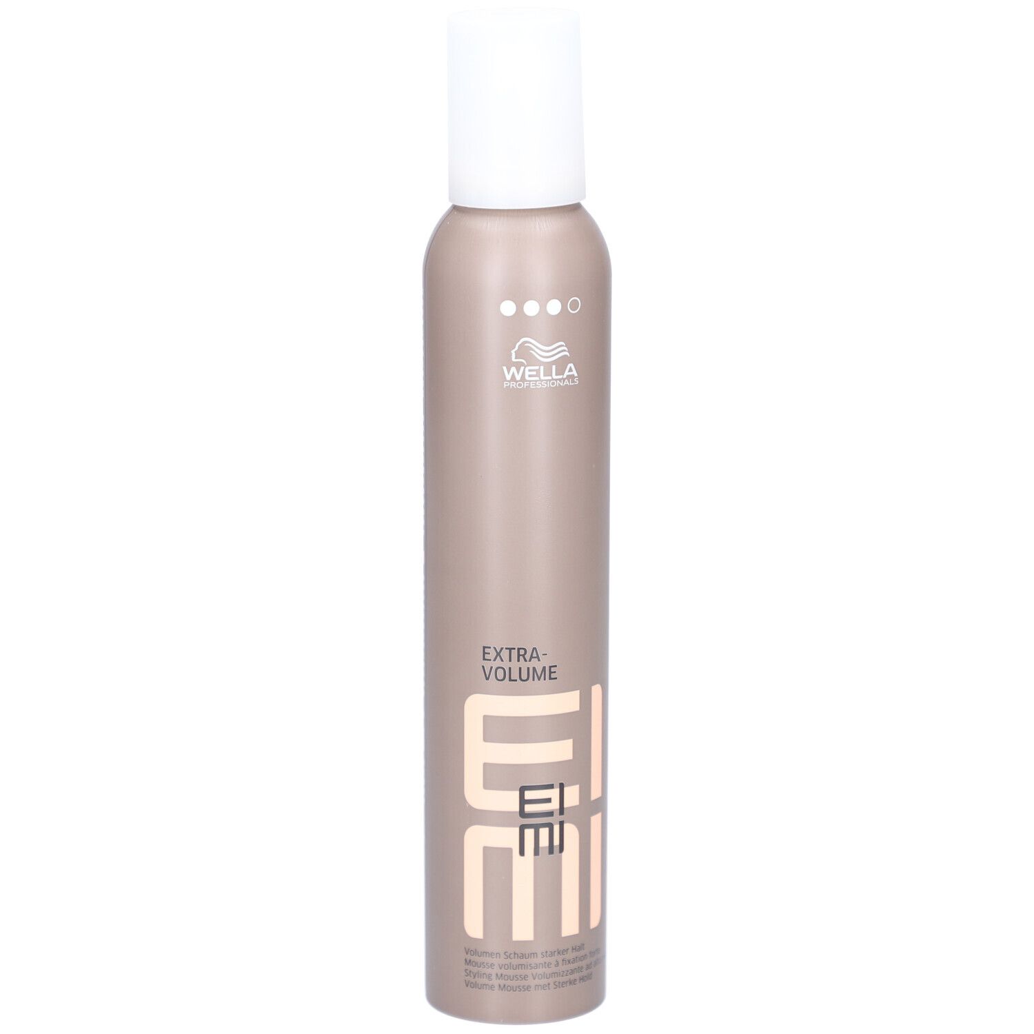 Flacon de mousse coiffante. Bouchon blanc, flacon marron avec inscription EIMI, Extra Volume. Logo Wella.