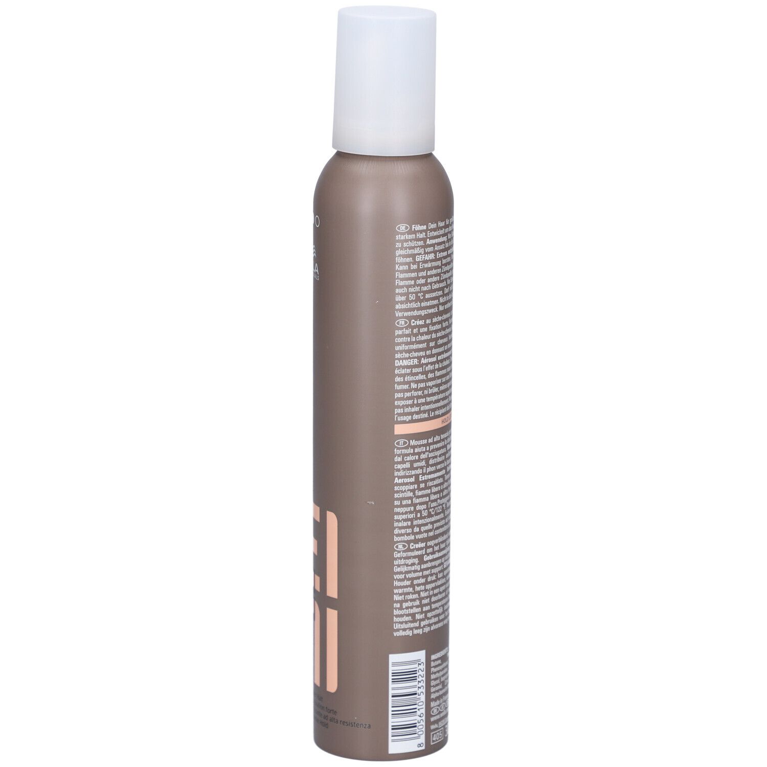 Flacon de mousse coiffante. Flacon marron avec texte. Avertissements et pictogrammes. Bouchon blanc.