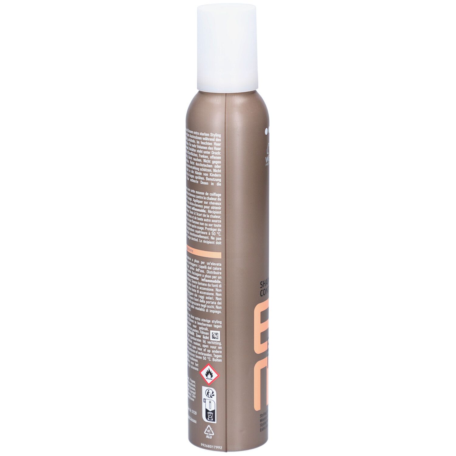 Flacon spray marron avec bouchon blanc. Texte et avertissements sur le côté.