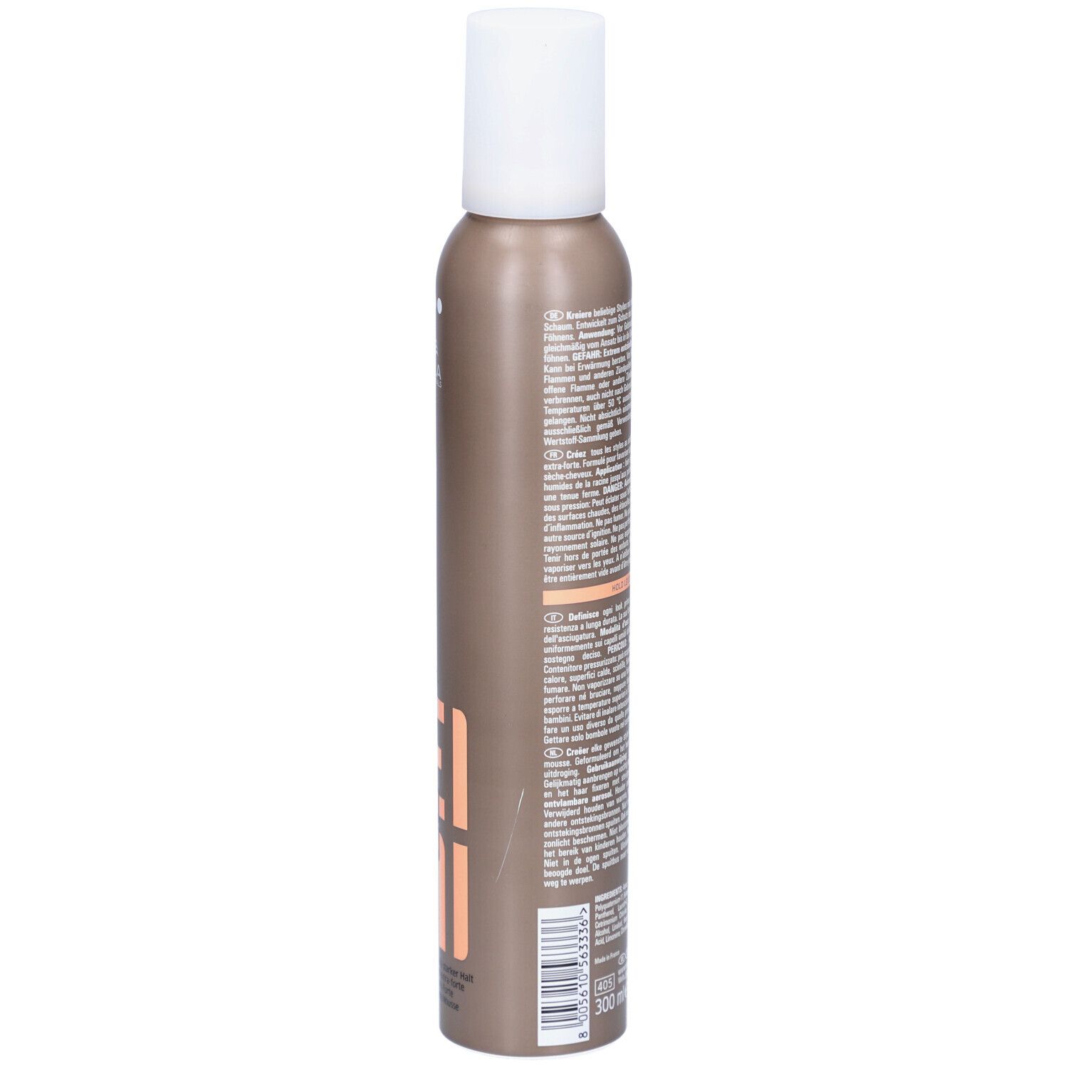 Flacon spray marron avec bouchon blanc. Texte et avertissements sur le côté.