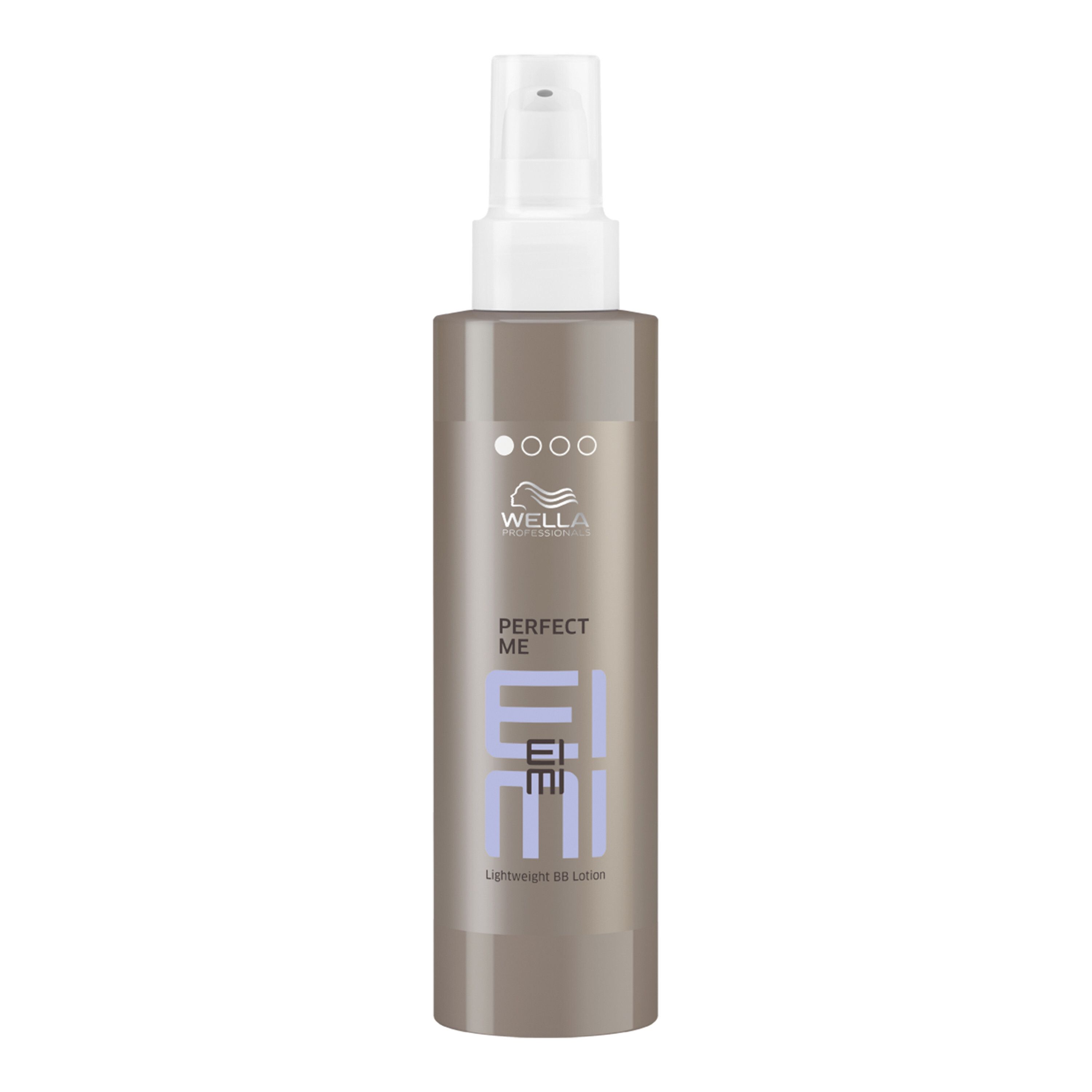 Wella EIMI Perfect Me Hair Lotion. Flacon beige avec vaporisateur blanc. Logo et nom du produit.