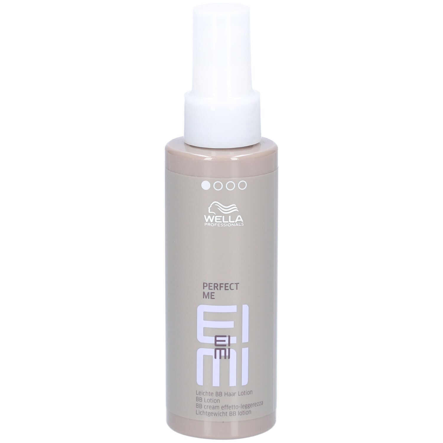 Wella EIMI Perfect Me Hair Lotion. Flacon beige avec vaporisateur blanc. Logo et nom du produit.