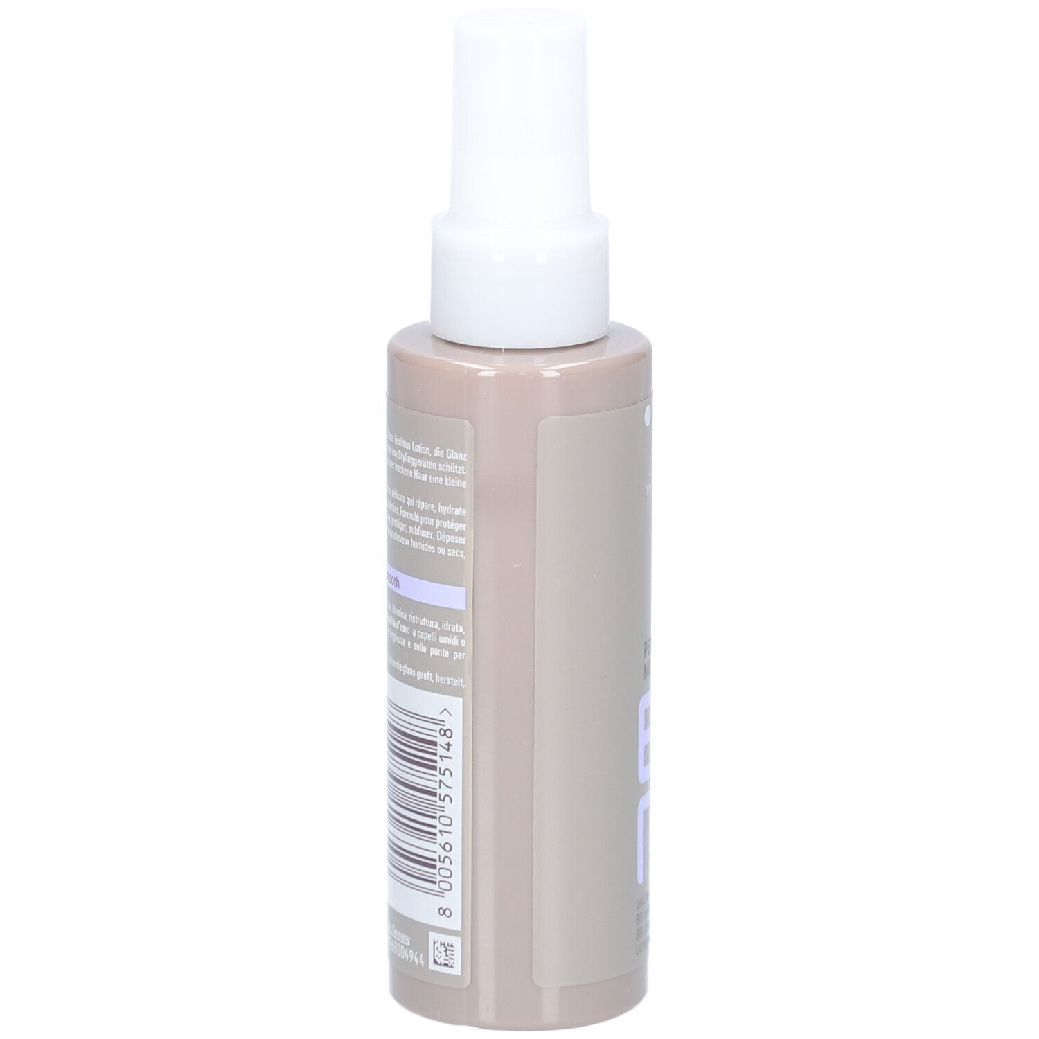 Dos de Wella EIMI Perfect Me Hair Lotion. Texte et code-barres sur fond beige.