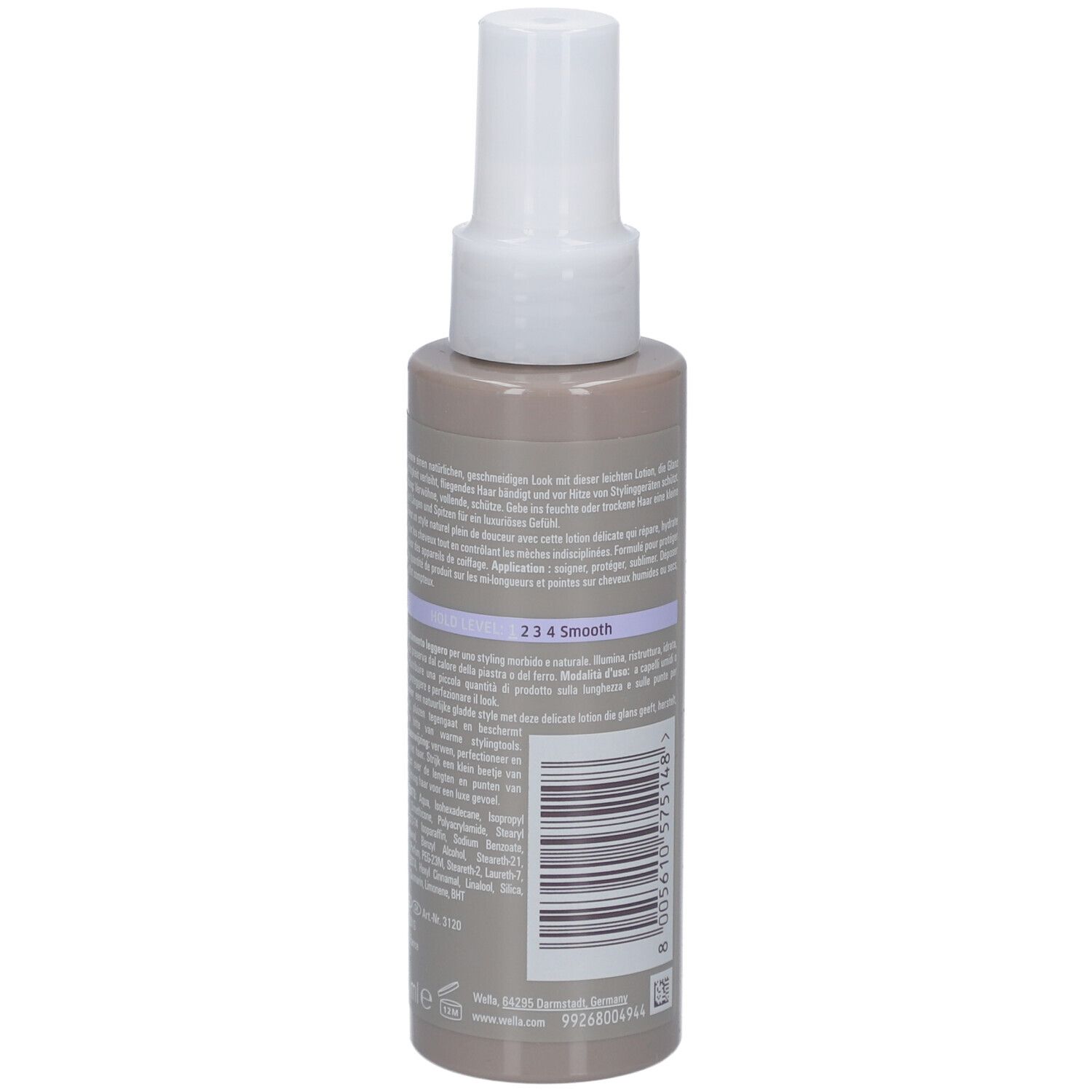 Dos de Wella EIMI Perfect Me Hair Lotion. Texte avec informations sur le produit.