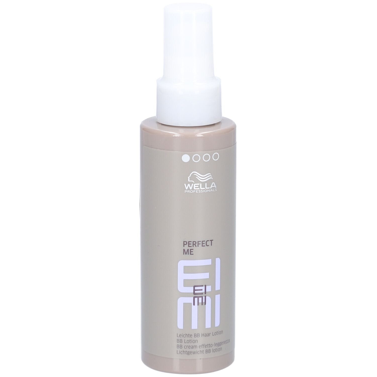 Wella EIMI Perfect Me Hair Lotion. Flacon beige avec vaporisateur blanc. Logo et nom du produit.