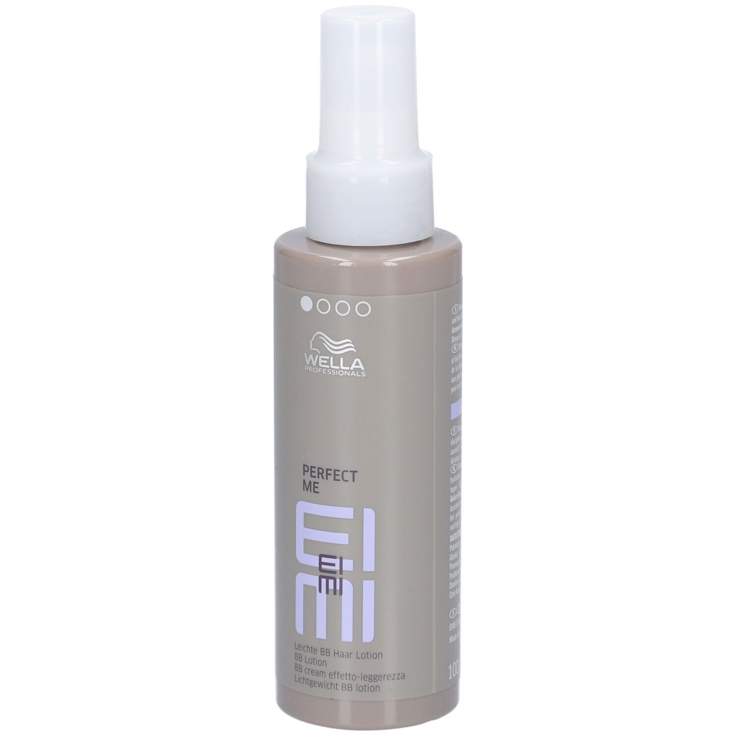 Wella EIMI Perfect Me Hair Lotion. Flacon beige avec vaporisateur blanc. Logo et nom du produit.