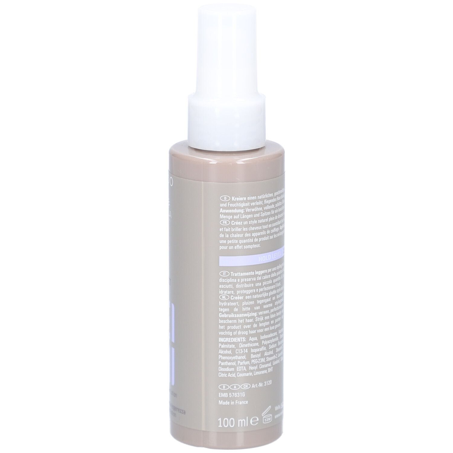 Dos de Wella EIMI Perfect Me Hair Lotion. Texte et indication de volume.