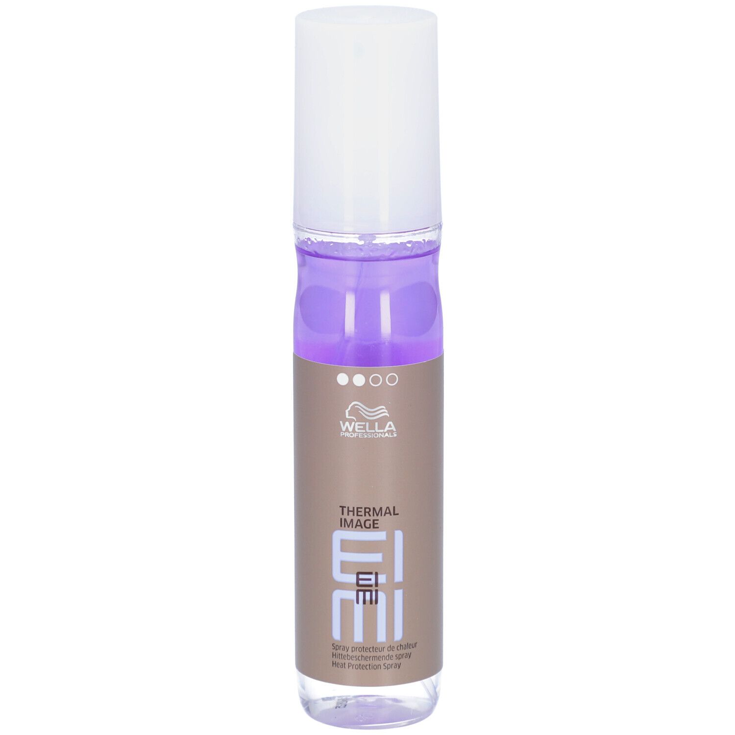 Spray protecteur thermique Wella EIMI. Flacon avec bouchon blanc et étiquette marron.
