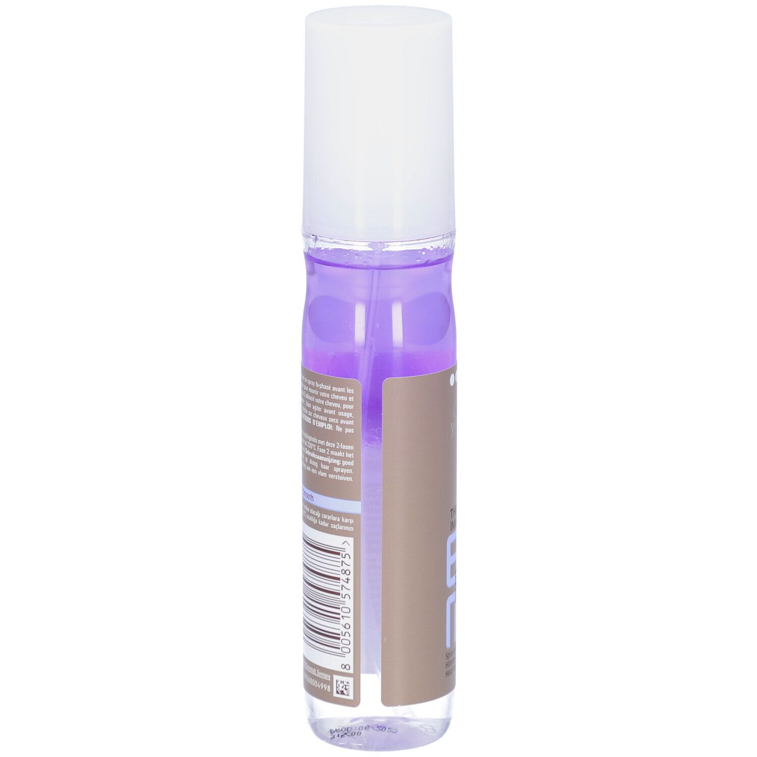 Spray protecteur thermique Wella EIMI. Dos du flacon avec code-barres et texte.