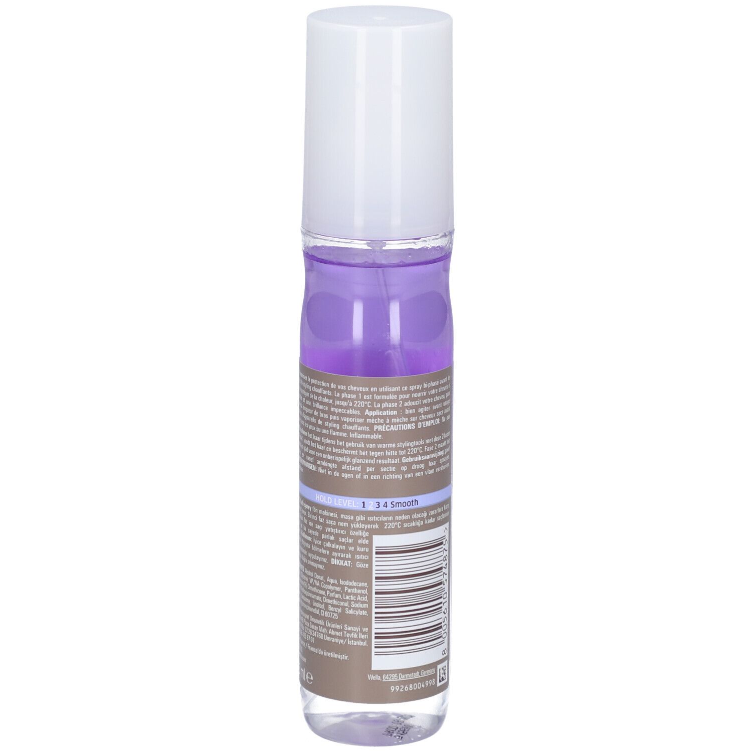 Spray protecteur thermique Wella EIMI. Dos du flacon avec texte et code-barres.