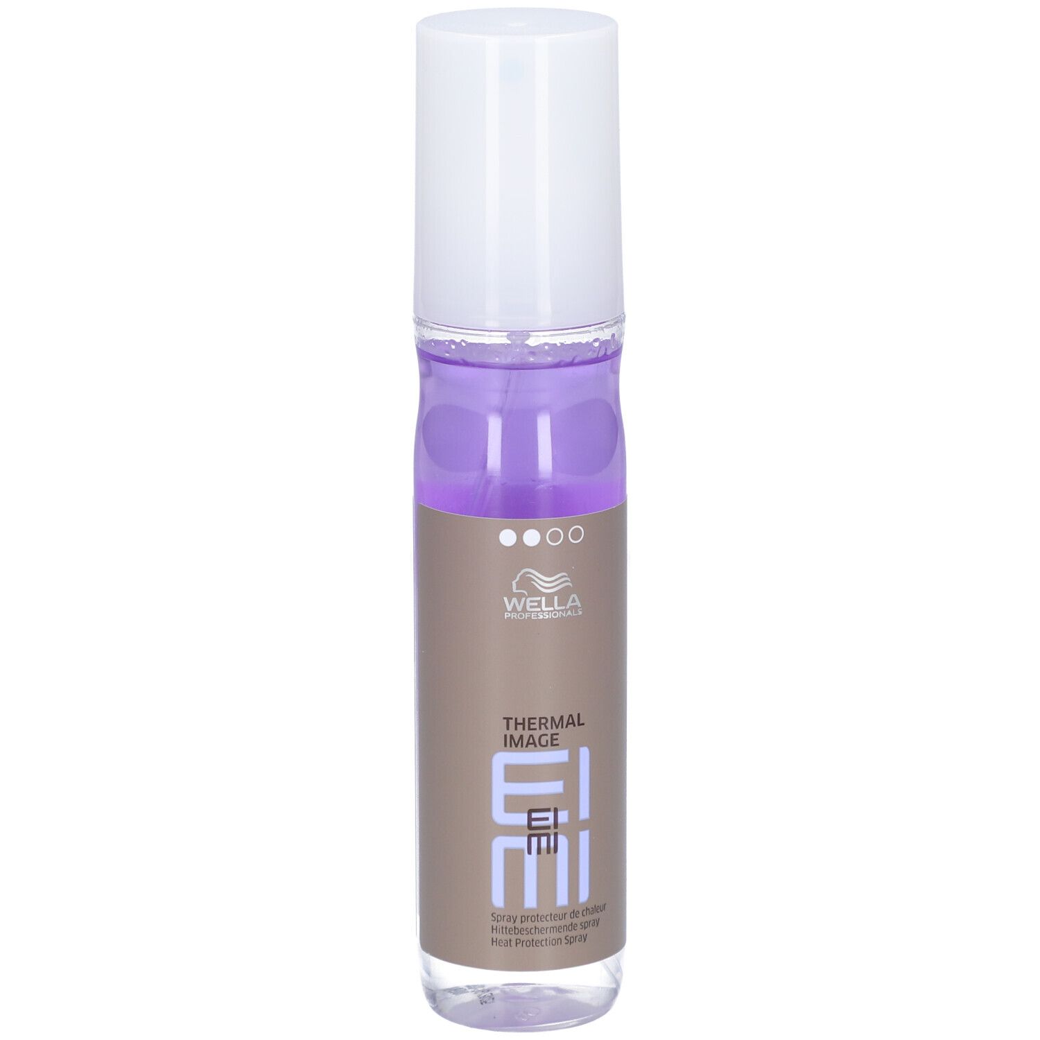 Spray protecteur thermique Wella EIMI. Flacon avec bouchon blanc et étiquette marron.