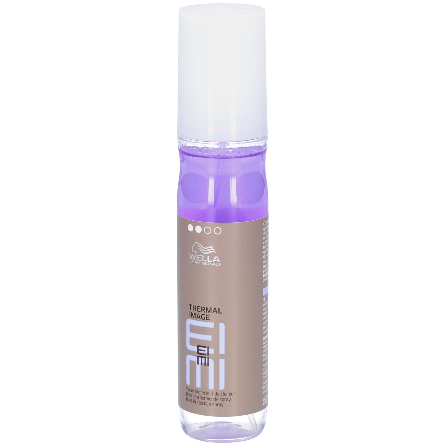 Spray protecteur thermique Wella EIMI. Flacon avec bouchon blanc et étiquette marron.