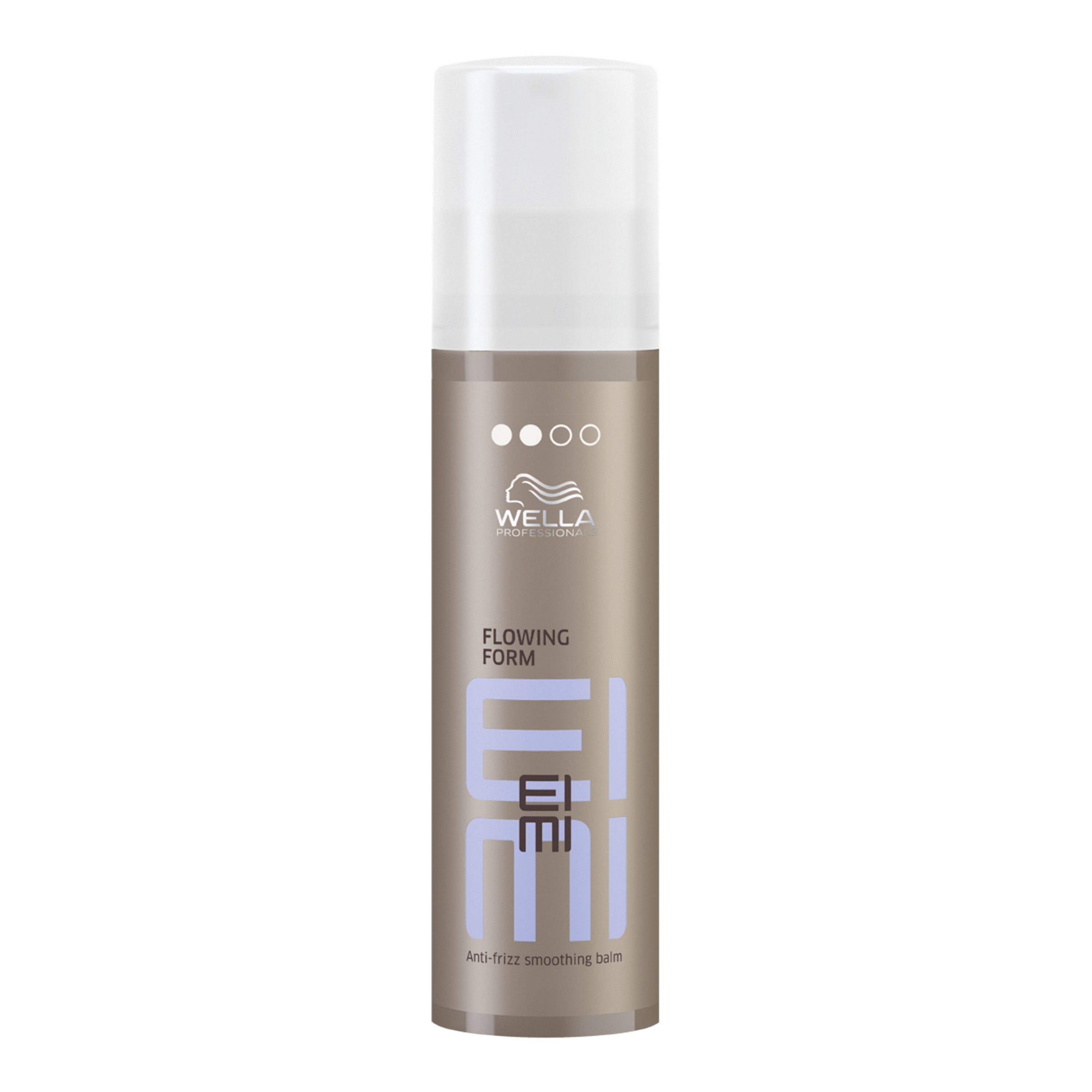 Cilindrische fles met witte dop. Opschrift: EIMI Flowing Form. Merk: Wella Professionals.