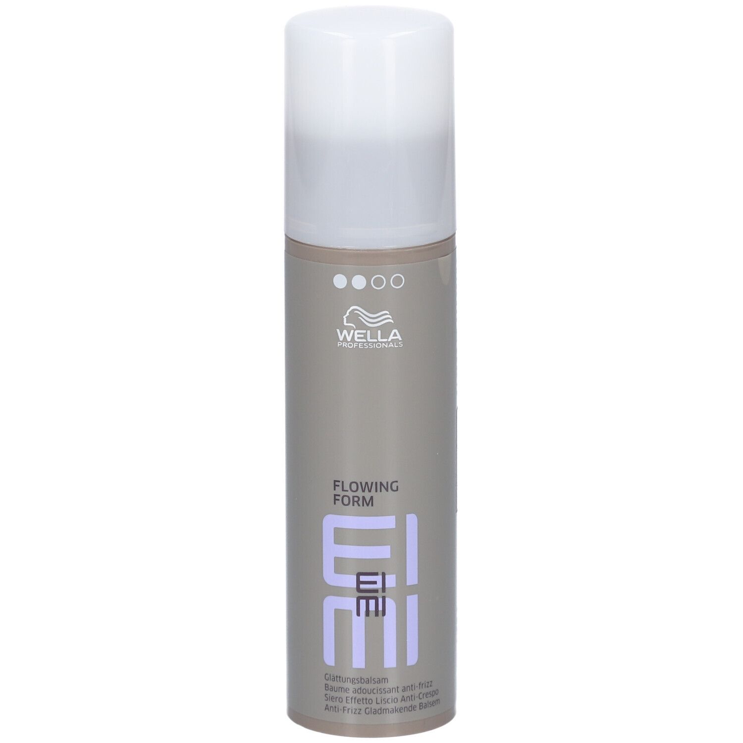 Cilindrische fles met witte dop. Opschrift: EIMI Flowing Form. Merk: Wella Professionals.