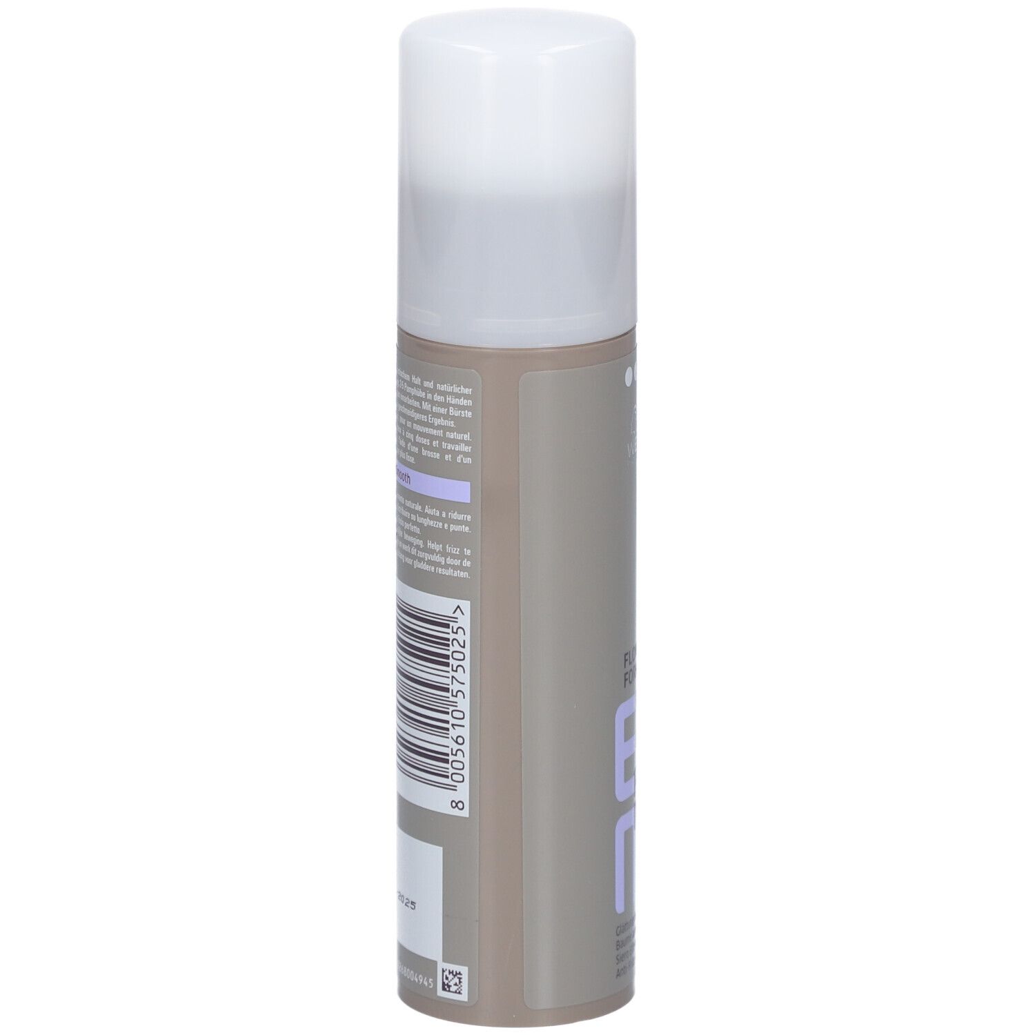 Achterkant van de fles. Tekst en barcode. Merk: Wella Professionals. Product: EIMI Flowing Form.