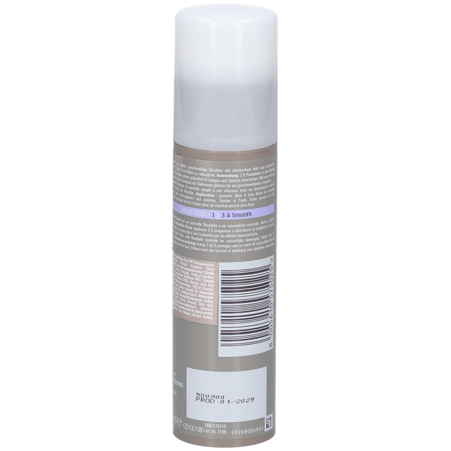 Achterkant van de fles. Tekst en barcode. Merk: Wella Professionals. Product: EIMI Flowing Form.